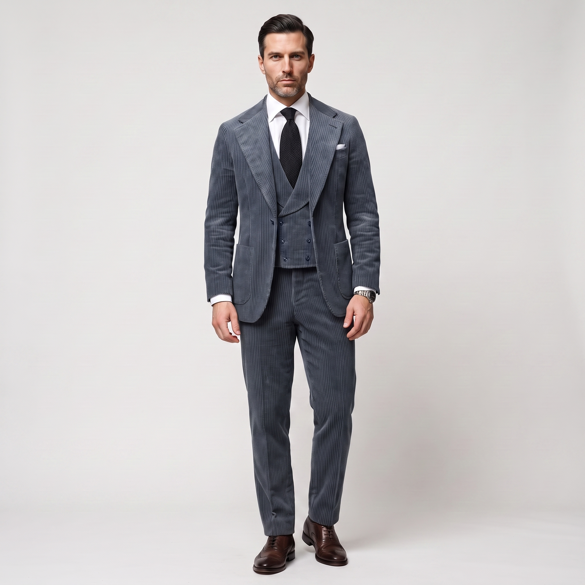 Ceehuteey Corduroy Men's Suit Solid 3 Pieces Notch Lapel Suit (Blazer+Vest+Pants)