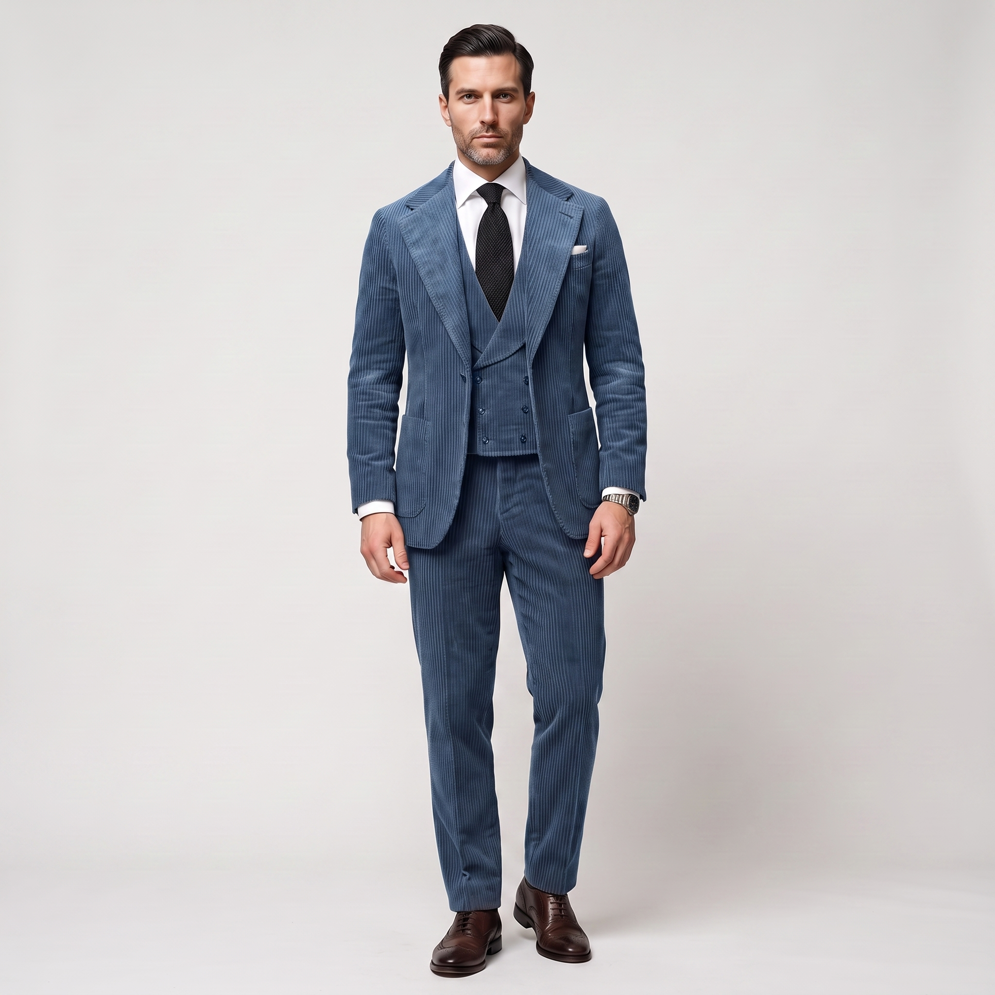 Ceehuteey Corduroy Men's Suit Solid 3 Pieces Notch Lapel Suit (Blazer+Vest+Pants)