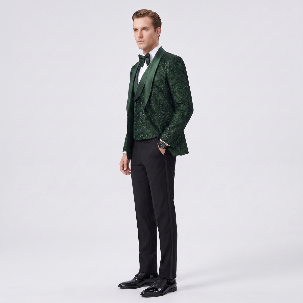 Ceehuteey Men's Shiny Sequins 3 Pieces Shawl Lapel Men's Suit  (Blazer + Vest + Pants)