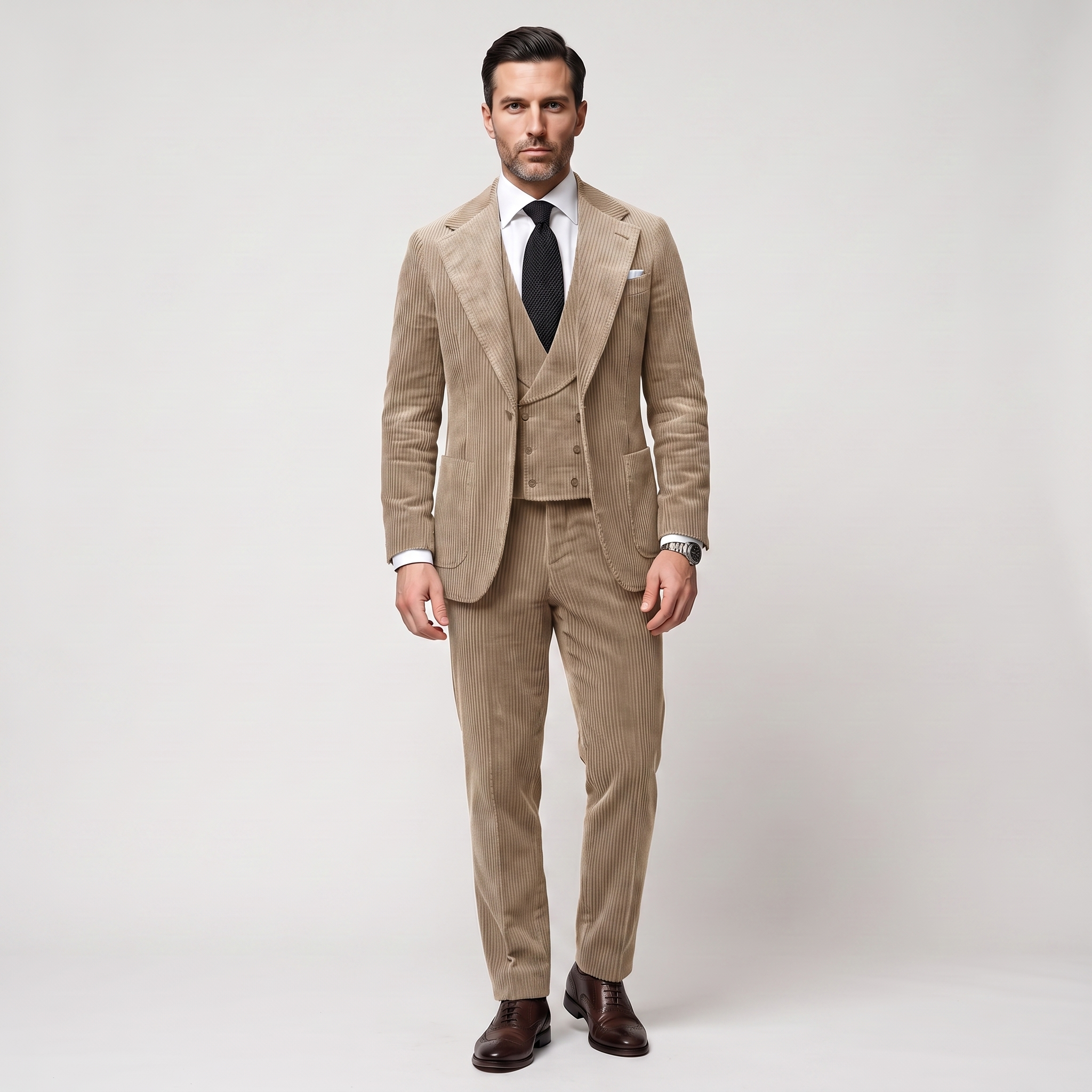 Ceehuteey Corduroy Men's Suit Solid 3 Pieces Notch Lapel Suit (Blazer+Vest+Pants)