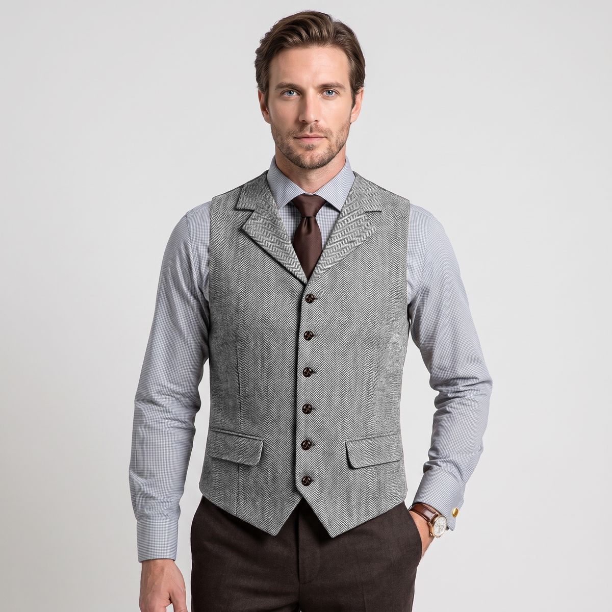 Ceehuteey Men's Classic vintage Vest Tweed Herringbone Notch Lapel Waistcoat