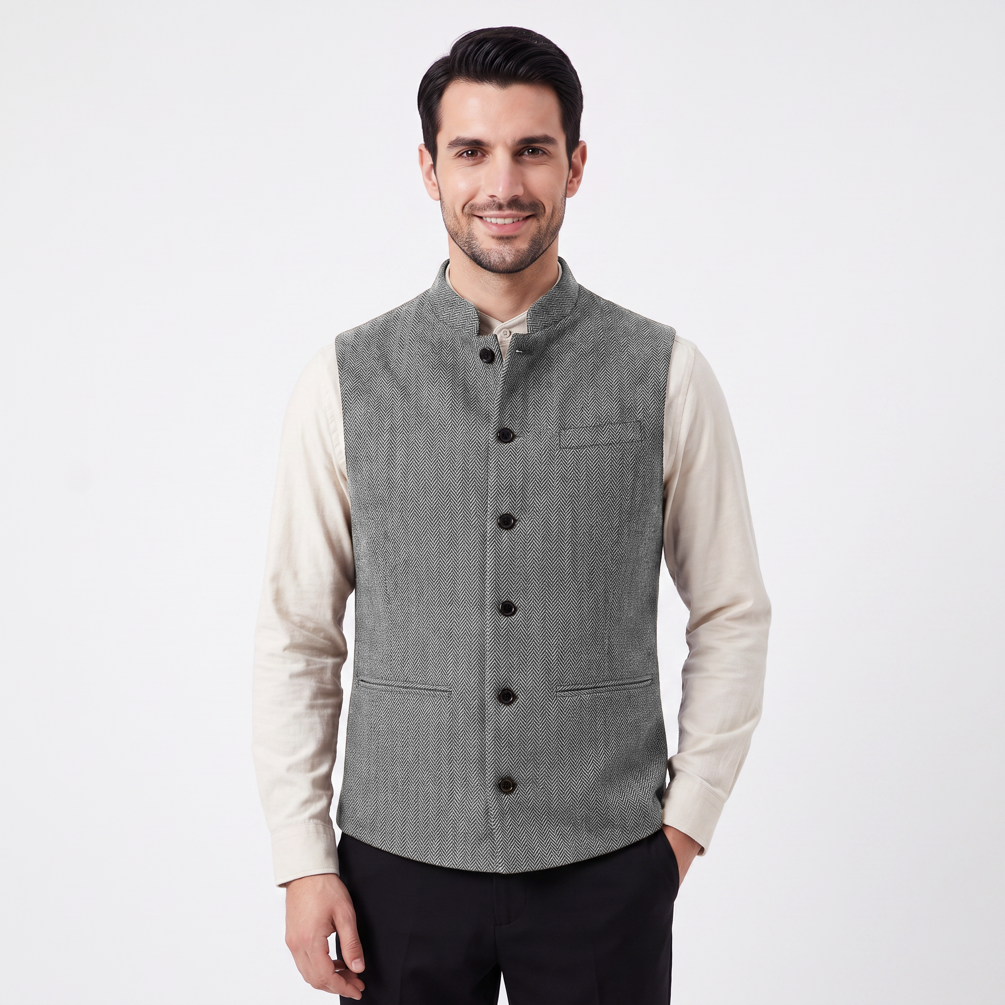 Ceehuteey Men's Herringbone Stand Collar Waistcoat