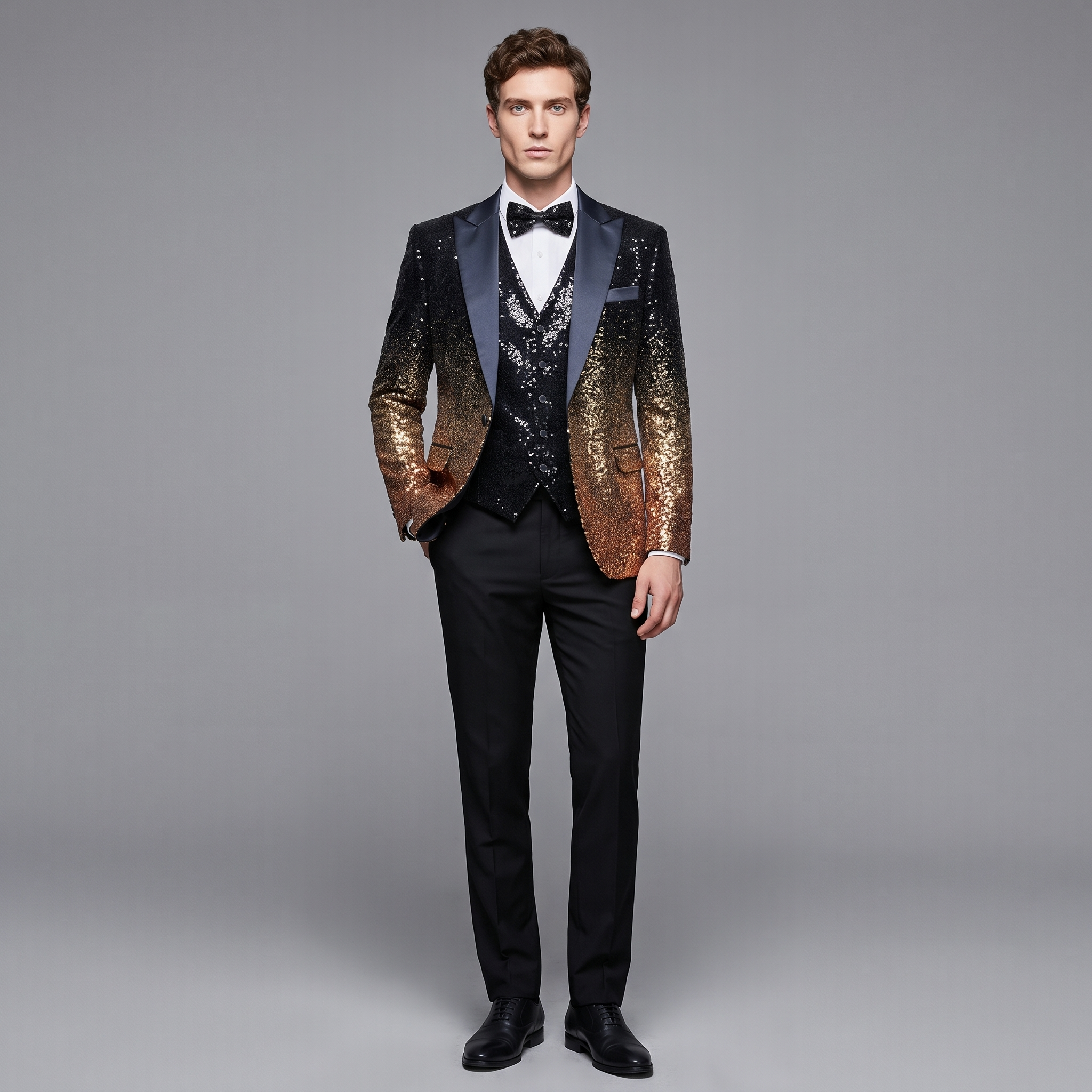 Ceehuteey Men's Shiny Sequins 3 Piece Suit Blazer One Button Prom (Blazer + Vest + Pants)