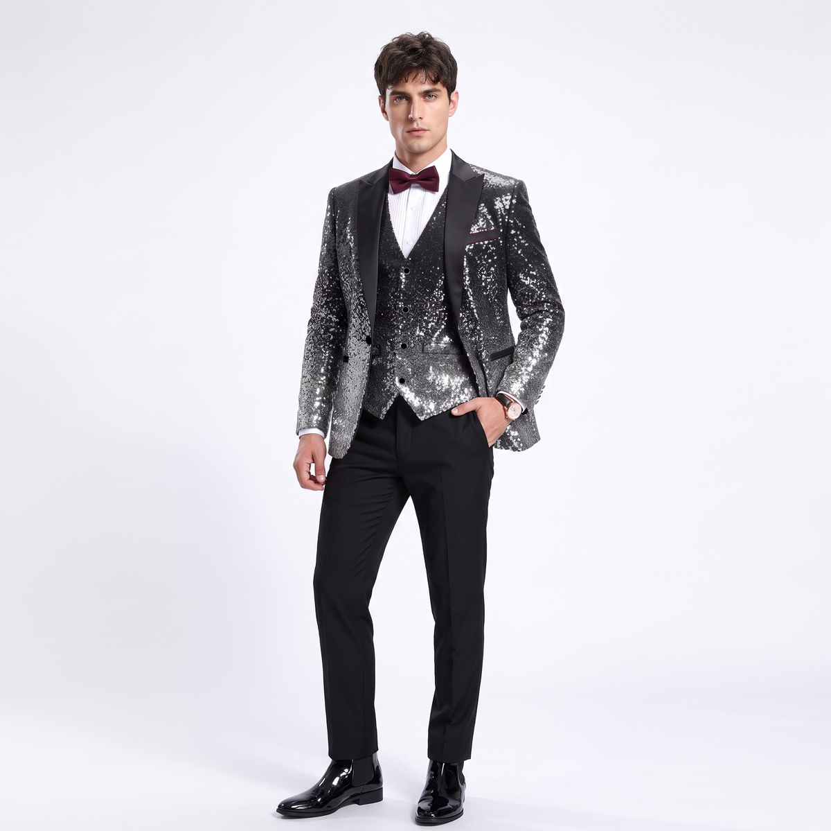 Ceehuteey Men's Shiny Sequins 3 Piece Suit Blazer One Button Prom (Blazer + Vest + Pants)