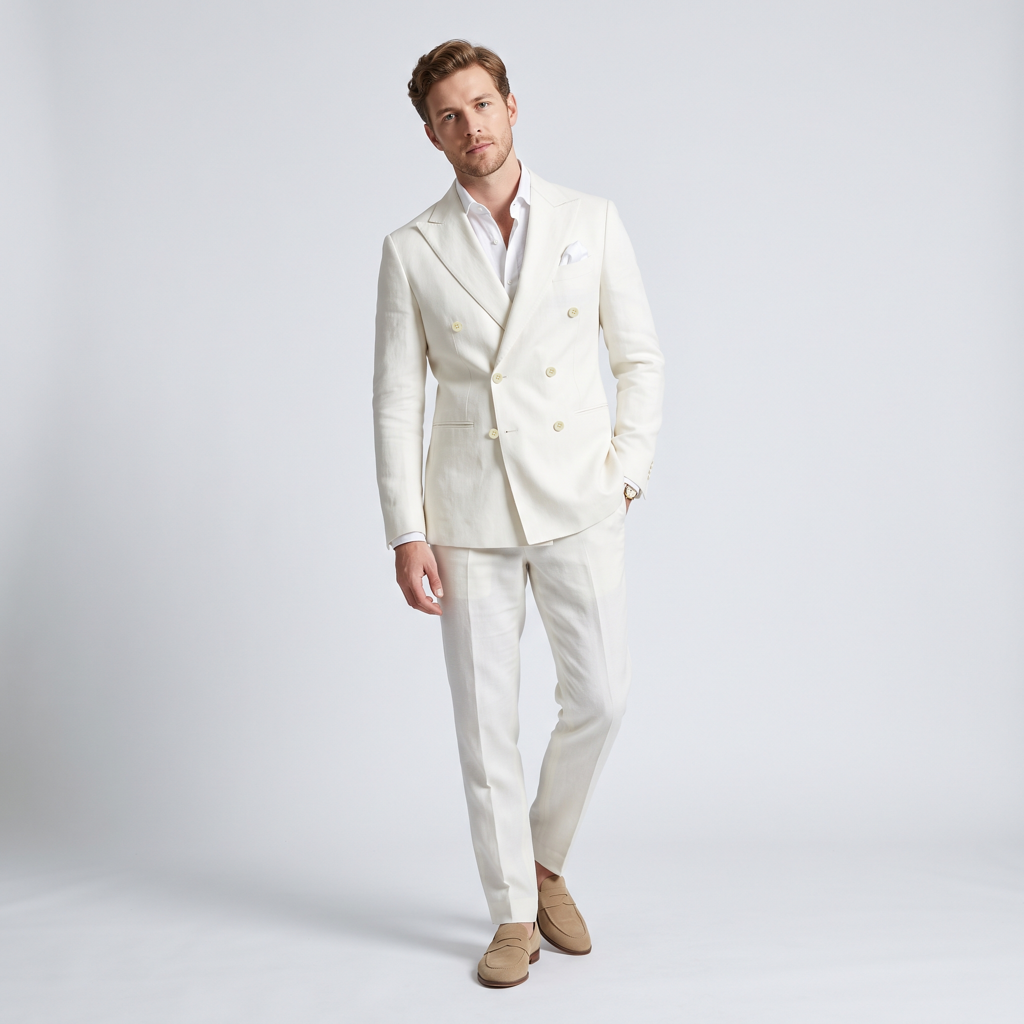 Ceehuteey Men's 2 Pieces Solid Linen Double Breasted Peak Lapel Suit (Blazer+Pants)