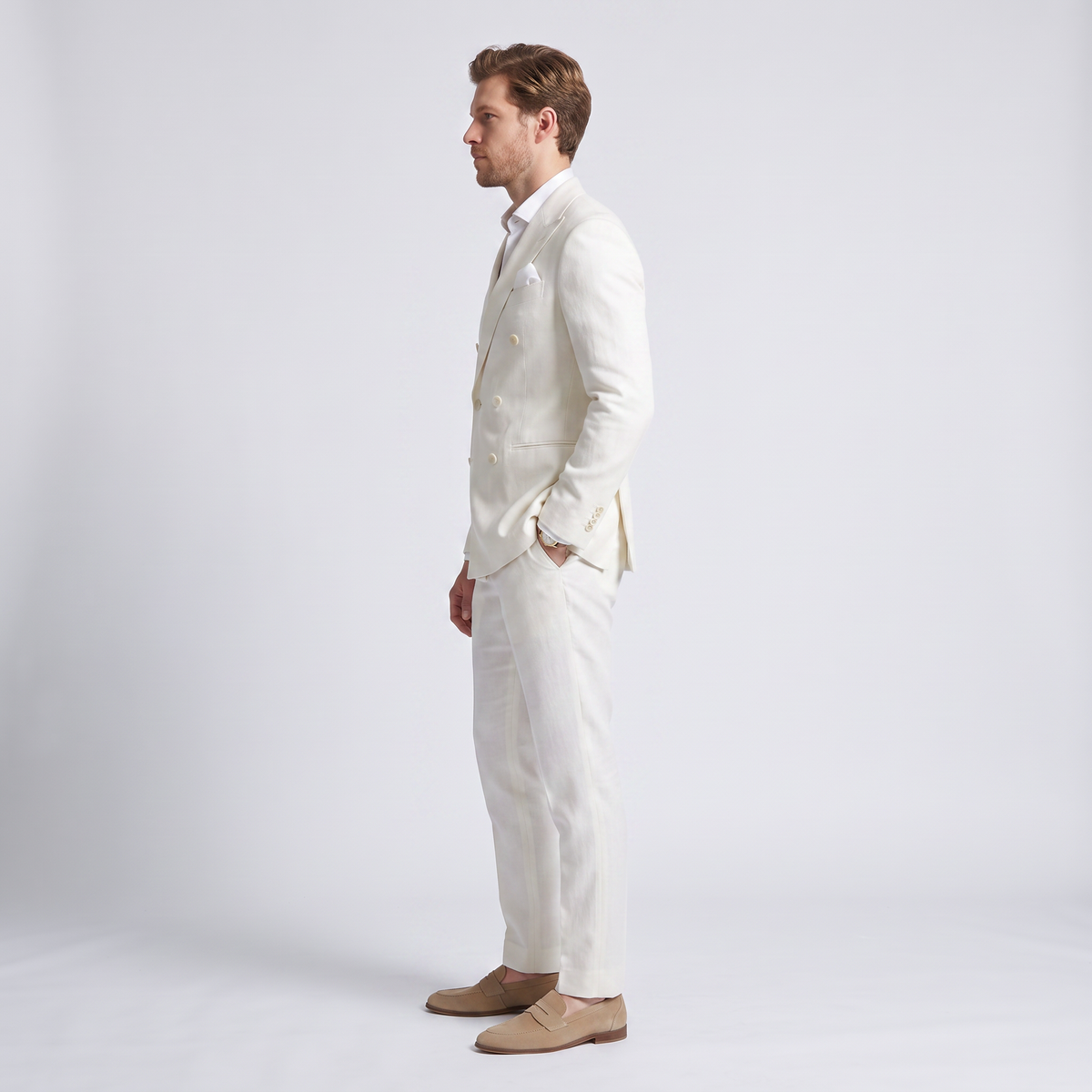 Ceehuteey Men's 2 Pieces Solid Linen Double Breasted Peak Lapel Suit (Blazer+Pants)