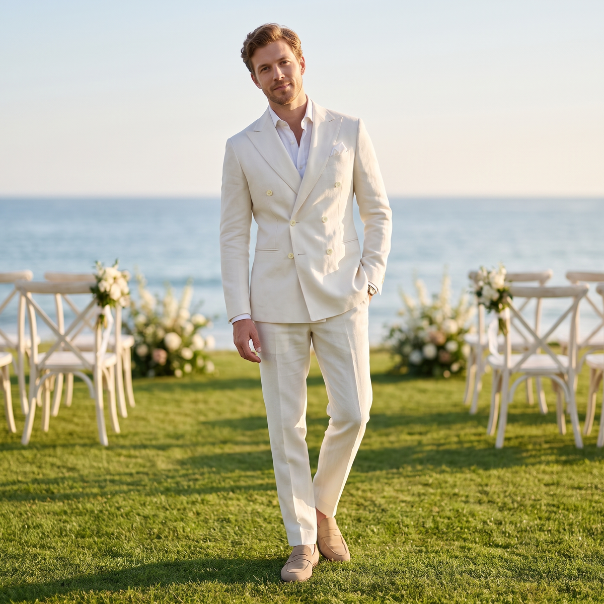 Ceehuteey Men's 2 Pieces Solid Linen Double Breasted Peak Lapel Suit (Blazer+Pants)