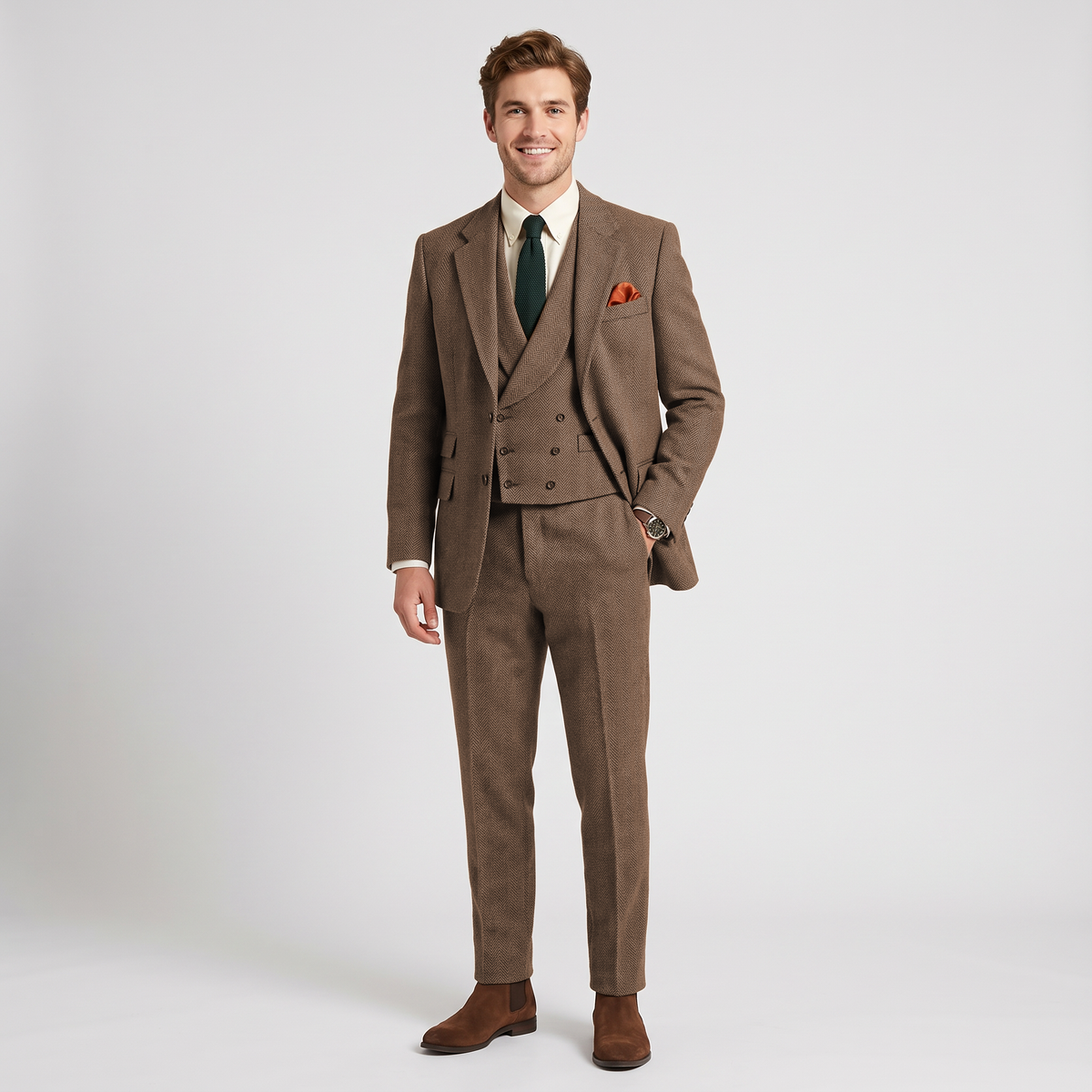Ceehuteey 3 Pieces Men's Herringbone Notch Lapel Suit for Men (Blazer+Vest+Pants)