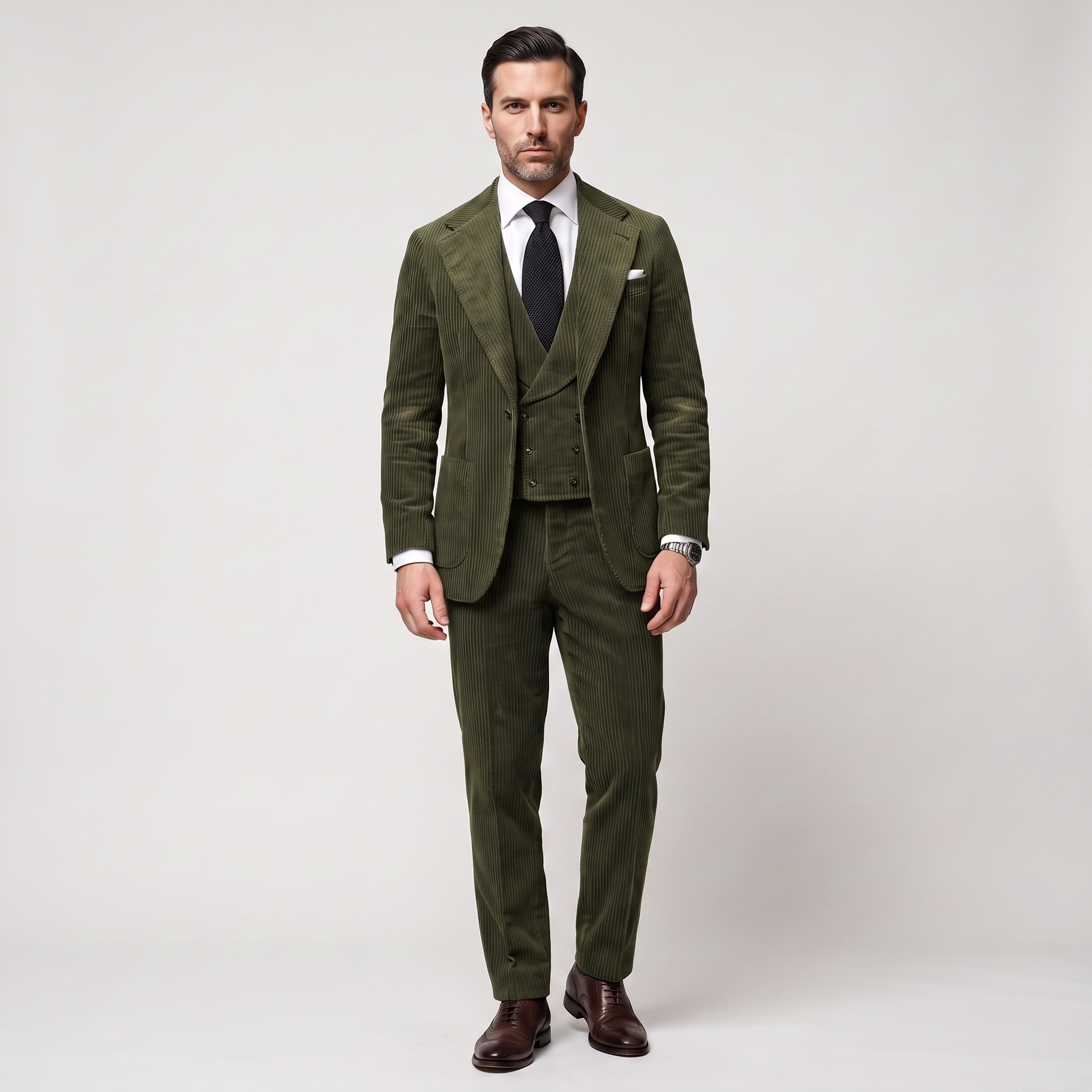 Ceehuteey Corduroy Men's Suit Solid 3 Pieces Notch Lapel Suit (Blazer+Vest+Pants)