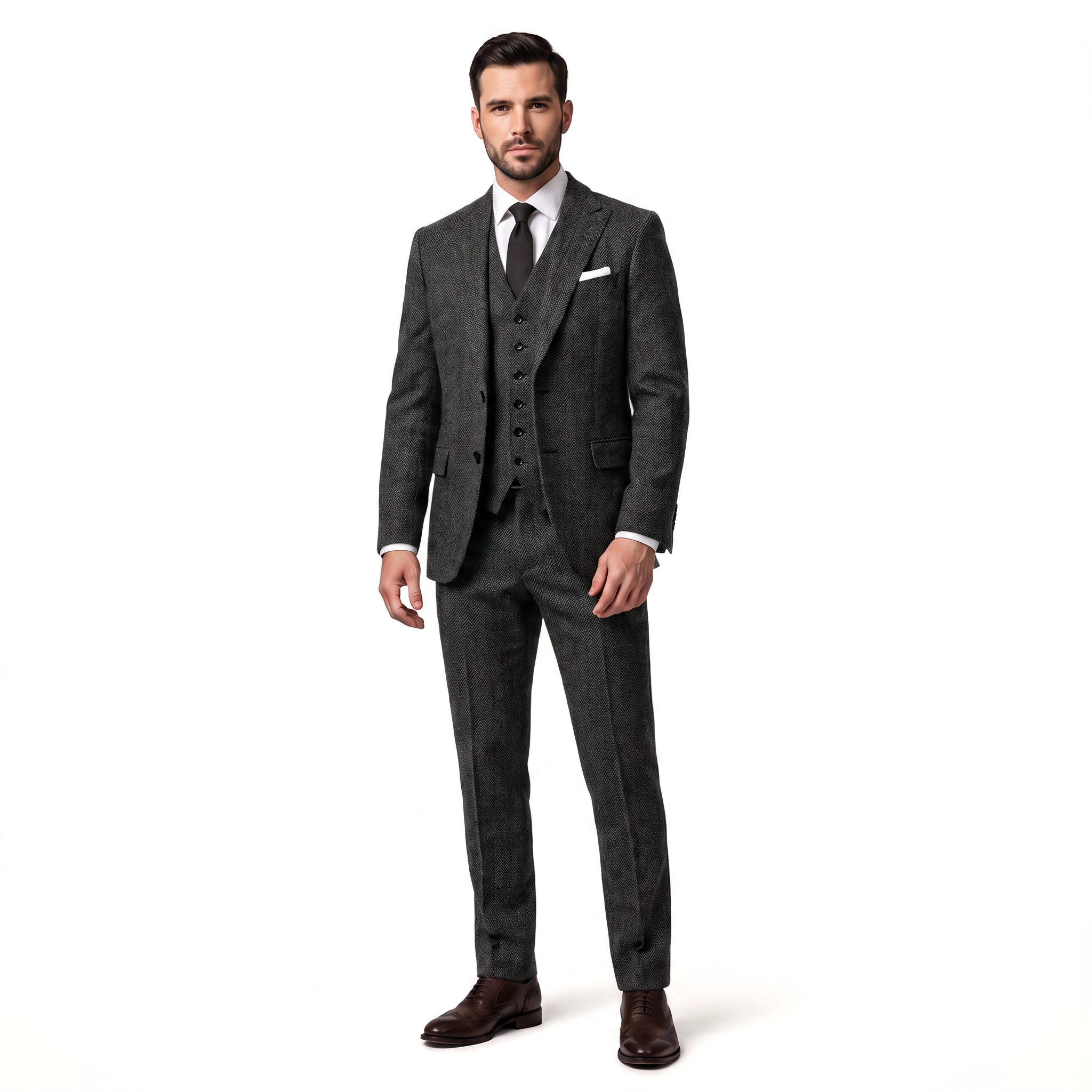 Ceehuteey Classic 3 Pieces Men's Suit Herringbone Peak Lapel Suit(Blazer+vest+Pants)