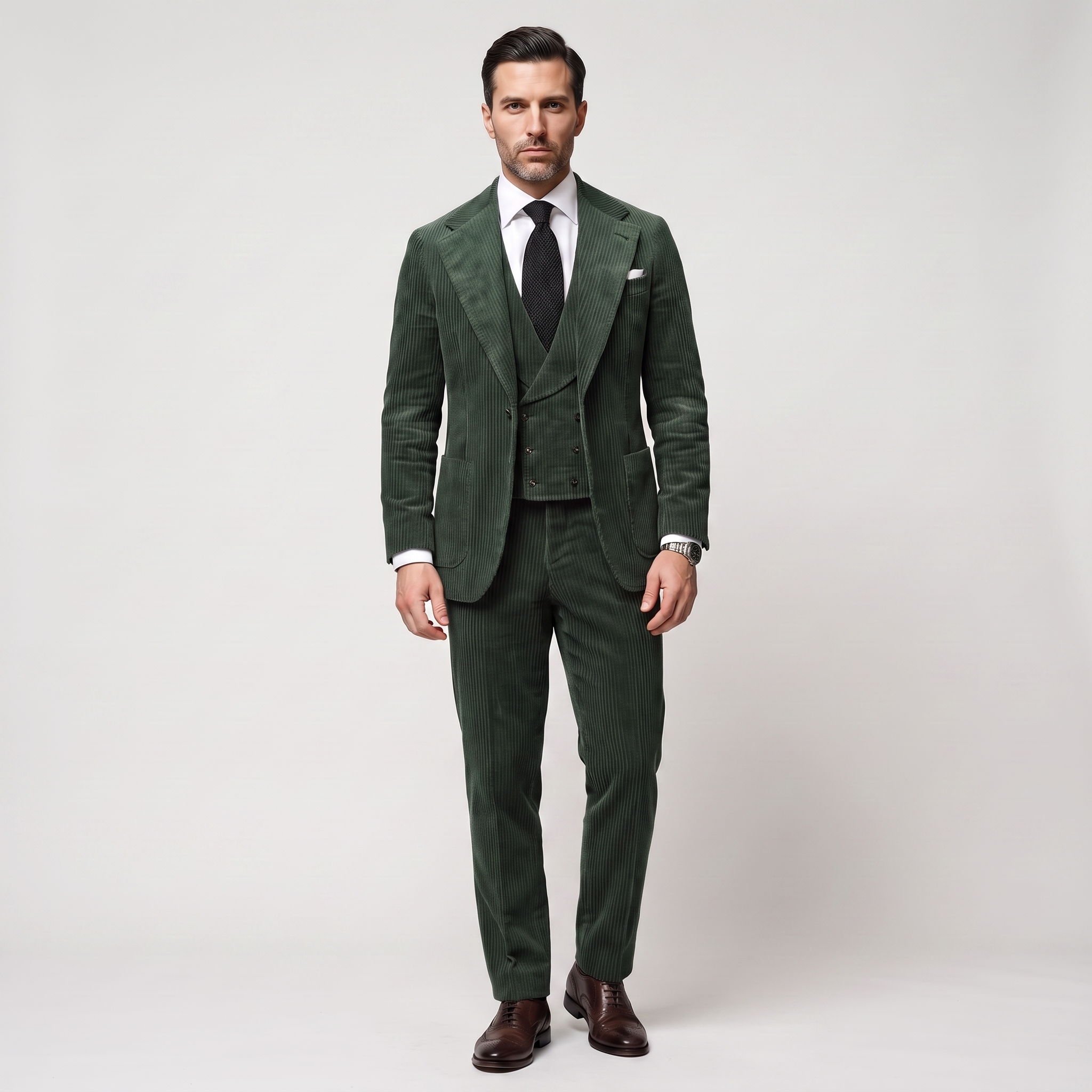 Ceehuteey Corduroy Men's Suit Solid 3 Pieces Notch Lapel Suit (Blazer+Vest+Pants)