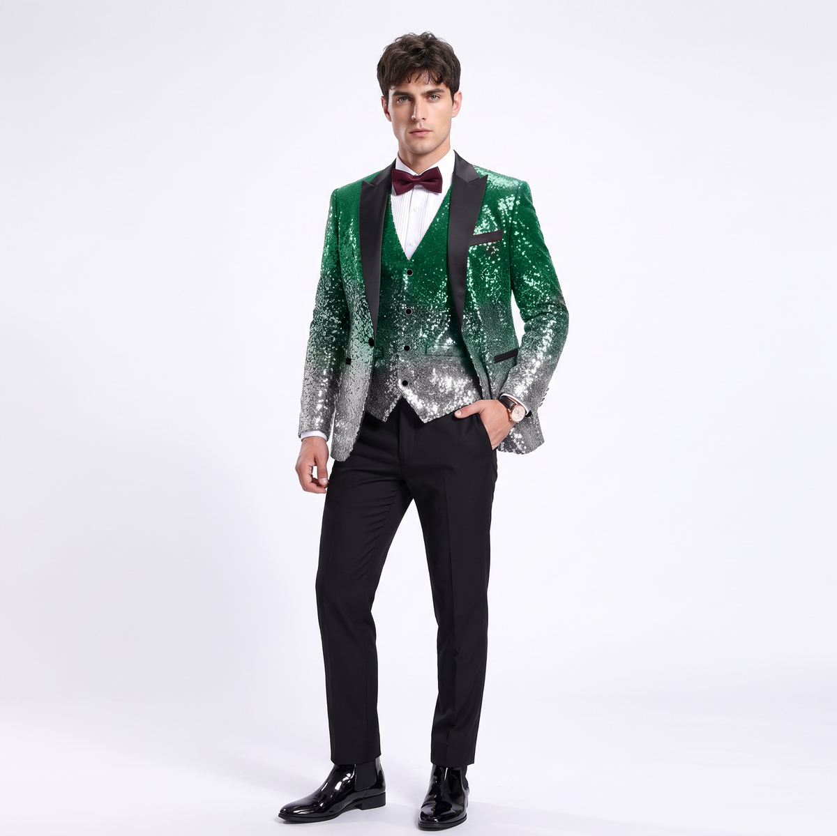 Ceehuteey Men's Shiny Sequins 3 Piece Suit Blazer One Button Prom (Blazer + Vest + Pants)