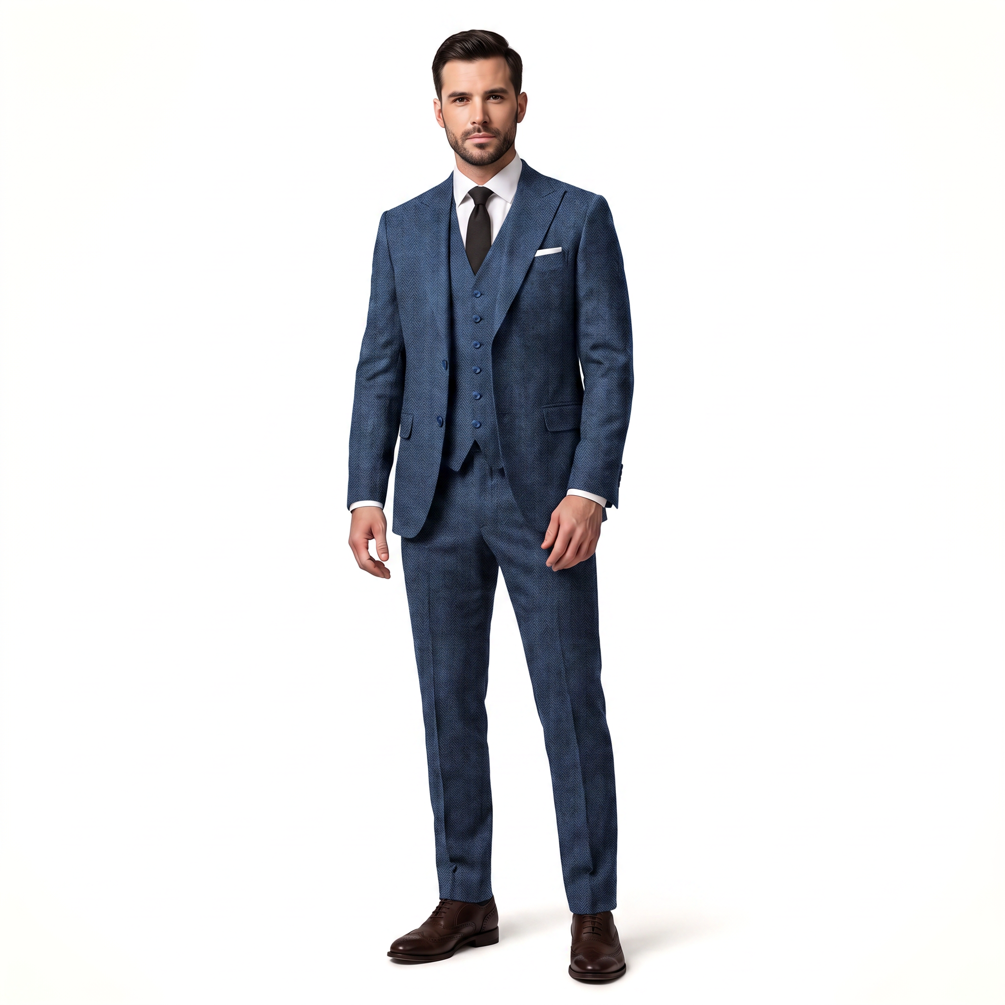 Ceehuteey Classic 3 Pieces Men's Suit Herringbone Peak Lapel Suit(Blazer+vest+Pants)