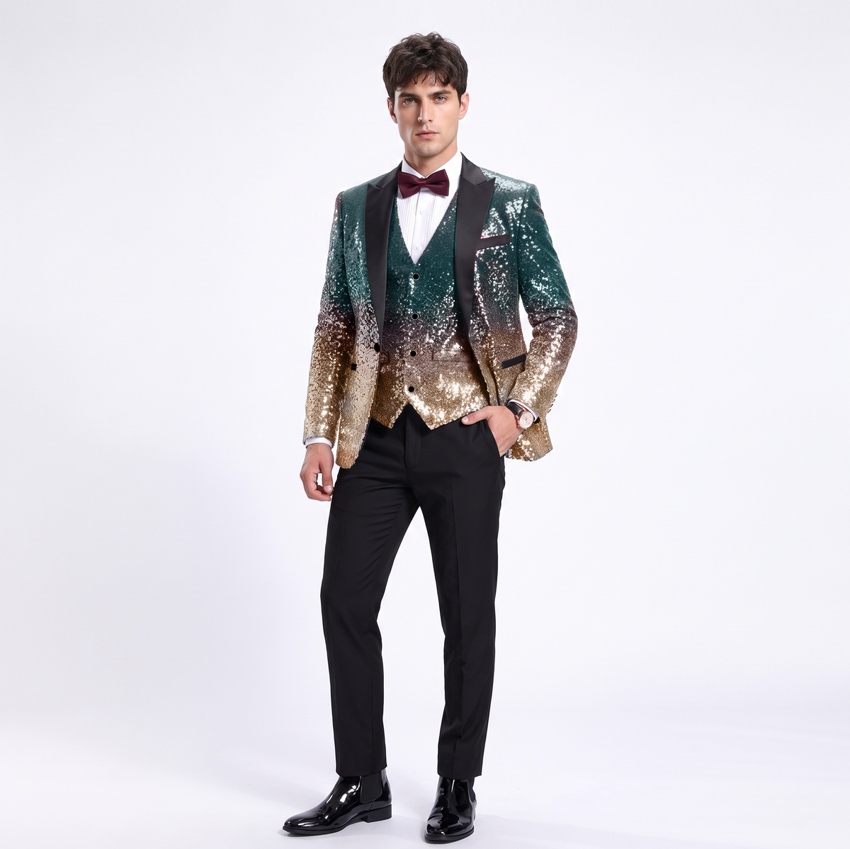 Ceehuteey Men's Shiny Sequins 3 Piece Suit Blazer One Button Prom (Blazer + Vest + Pants)