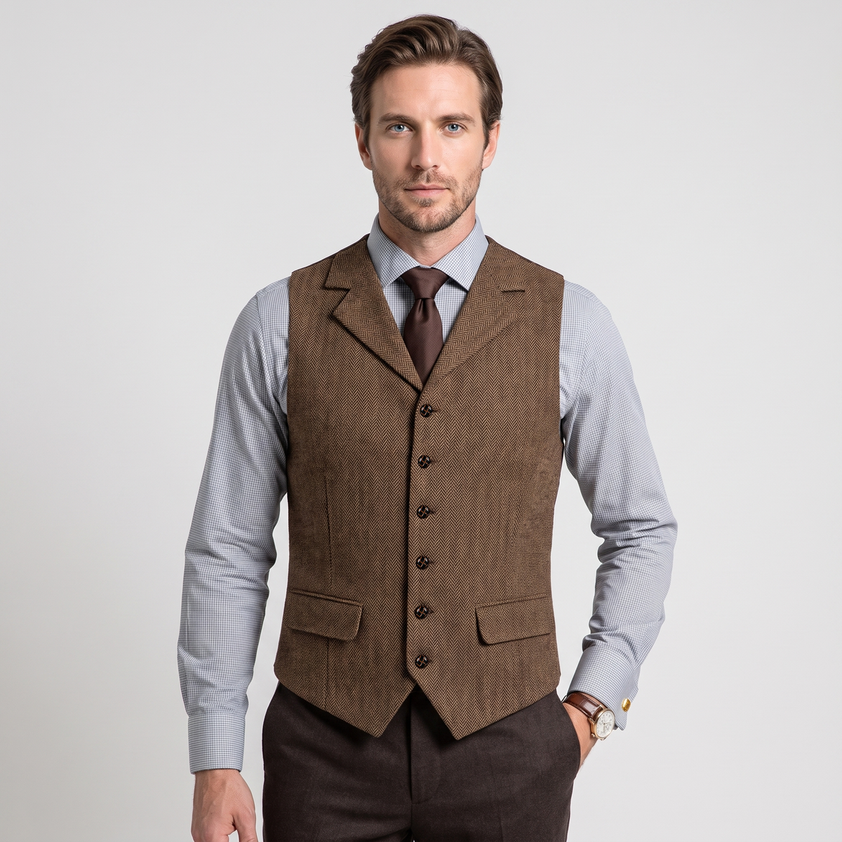 Ceehuteey Men's Classic vintage Vest Tweed Herringbone Notch Lapel Waistcoat