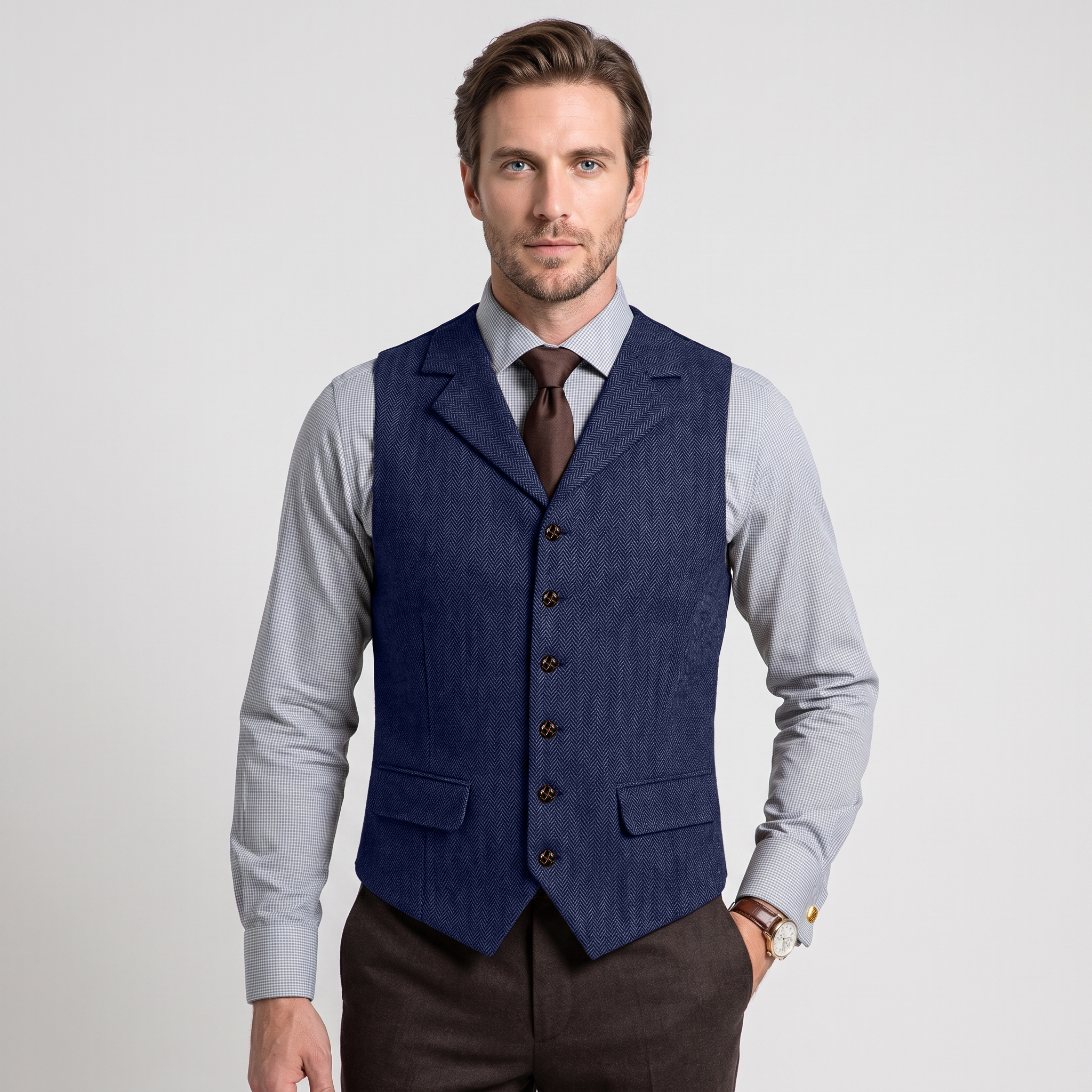Ceehuteey Men's Classic vintage Vest Tweed Herringbone Notch Lapel Waistcoat