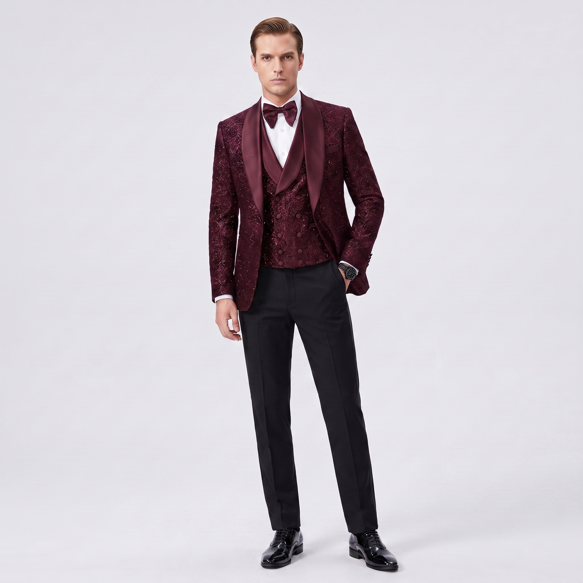 Ceehuteey Men's Shiny Sequins 3 Pieces Shawl Lapel Men's Suit  (Blazer + Vest + Pants)