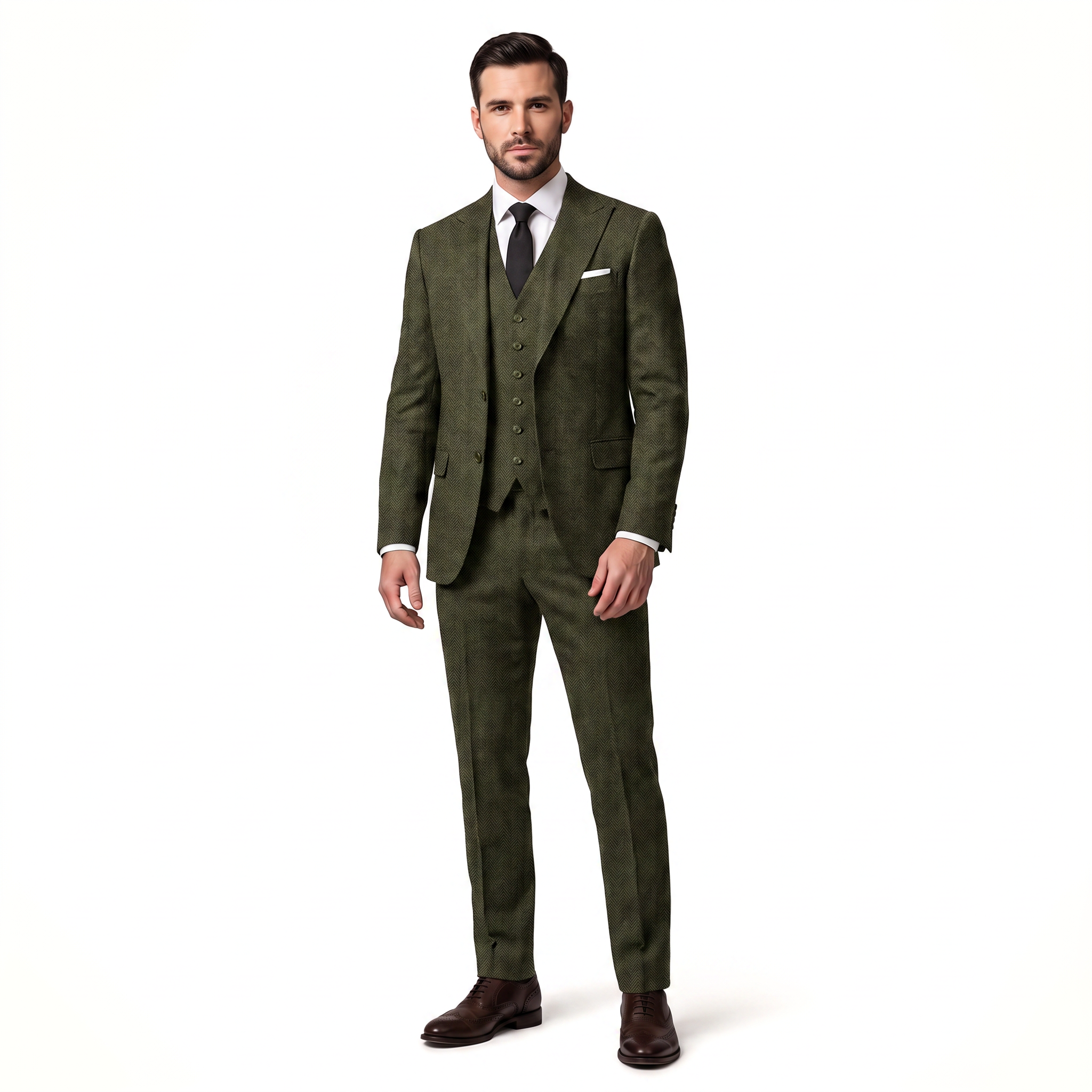 Ceehuteey Classic 3 Pieces Men's Suit Herringbone Peak Lapel Suit(Blazer+vest+Pants)