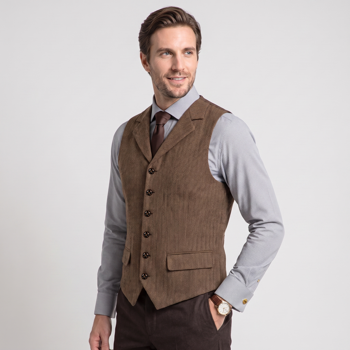 Ceehuteey Men's Classic vintage Vest Tweed Herringbone Notch Lapel Waistcoat