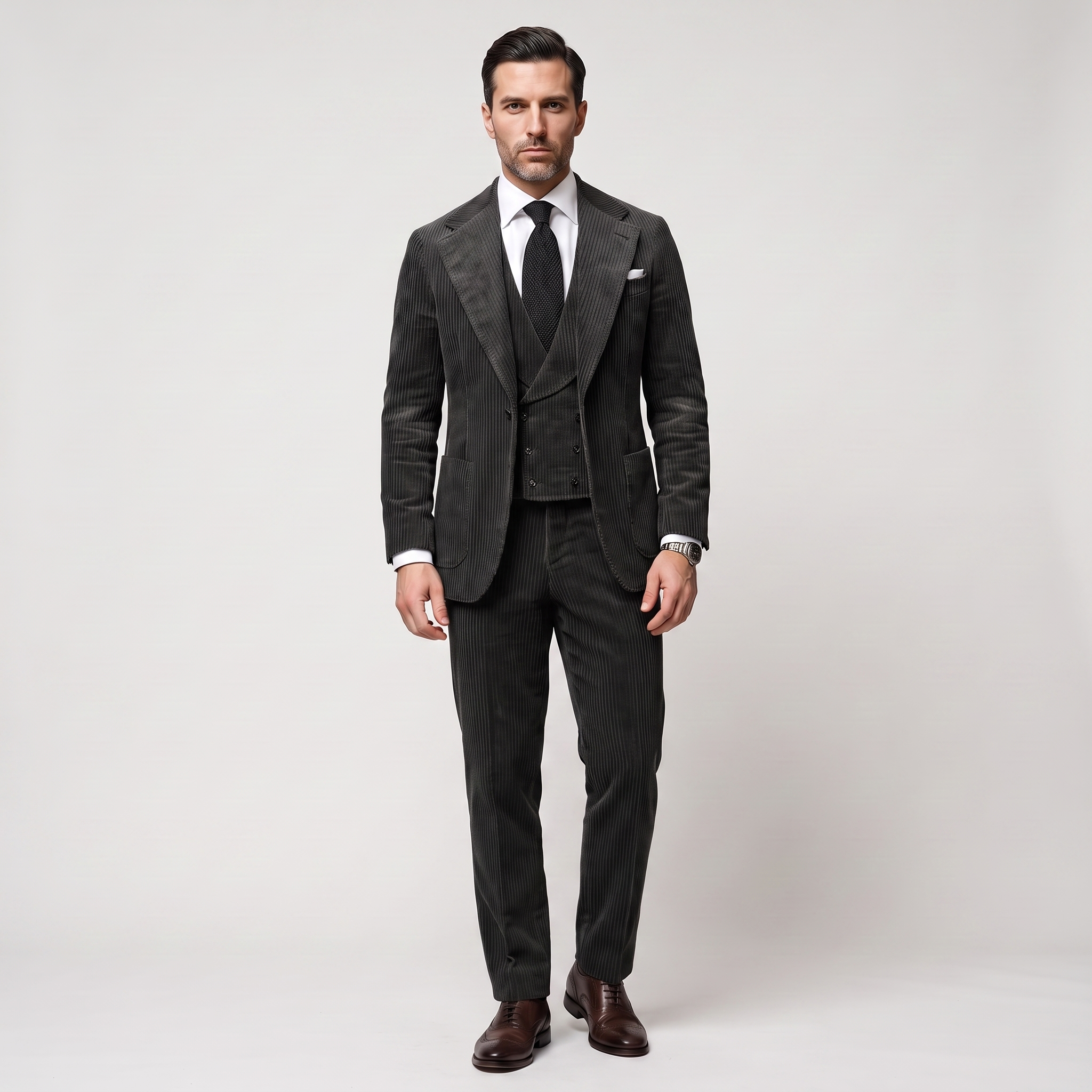 Ceehuteey Corduroy Men's Suit Solid 3 Pieces Notch Lapel Suit (Blazer+Vest+Pants)