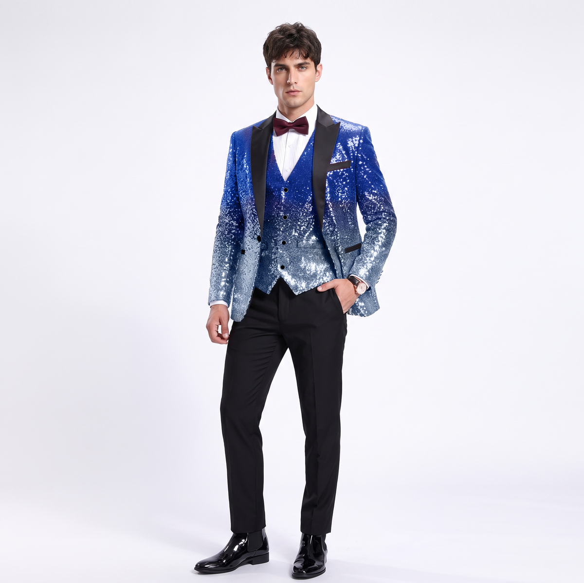 Ceehuteey Men's Shiny Sequins 3 Piece Suit Blazer One Button Prom (Blazer + Vest + Pants)