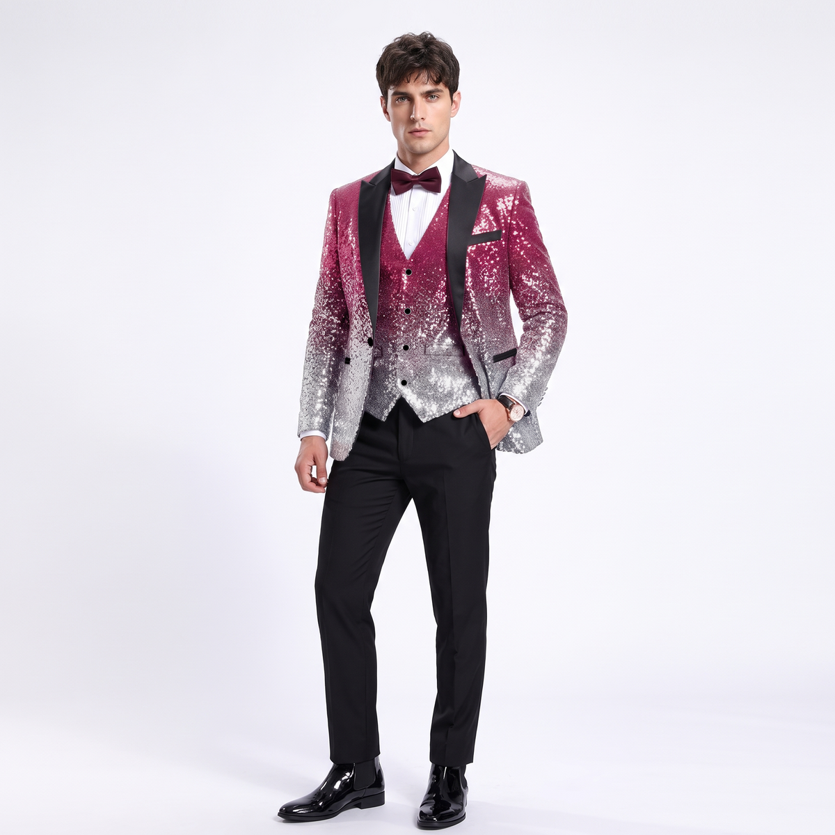 Ceehuteey Men's Shiny Sequins 3 Piece Suit Blazer One Button Prom (Blazer + Vest + Pants)