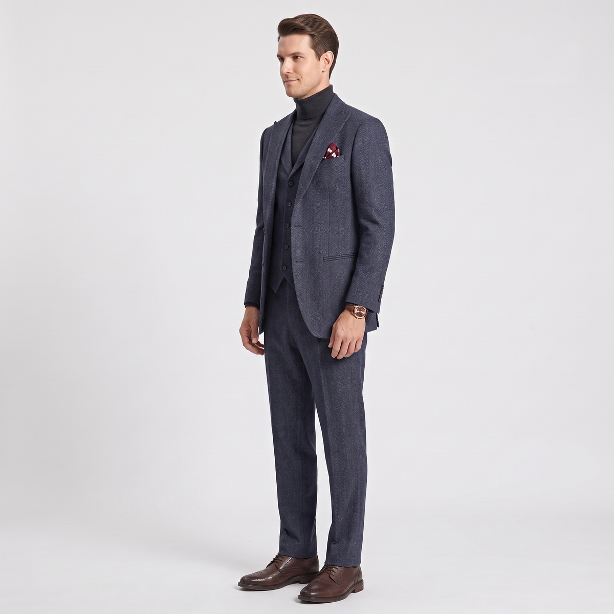 Ceehuteey Classic Men's 3 Pieces Peak Lapel Herringbone Suit (Blazer+Vest+Pants)