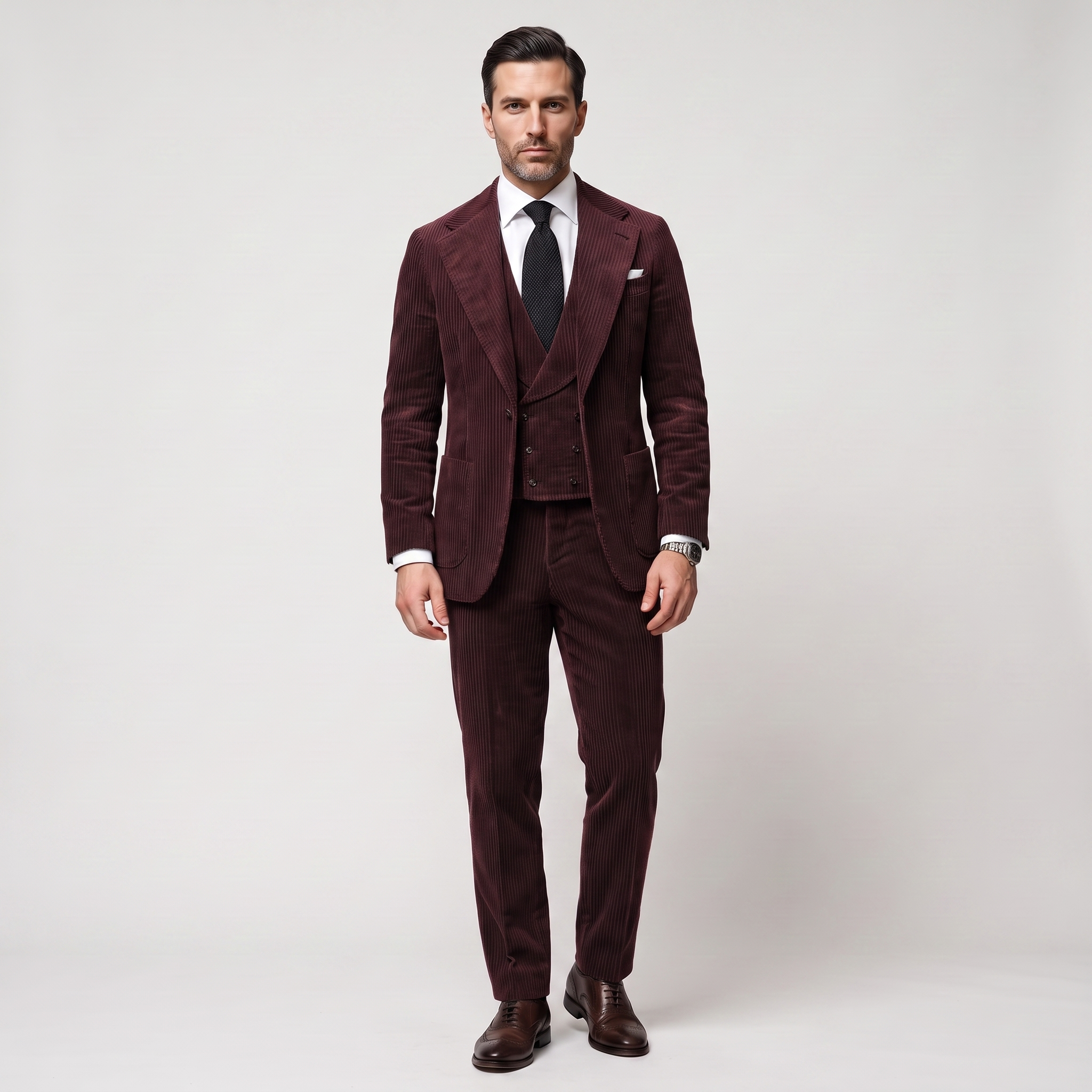 Ceehuteey Corduroy Men's Suit Solid 3 Pieces Notch Lapel Suit (Blazer+Vest+Pants)