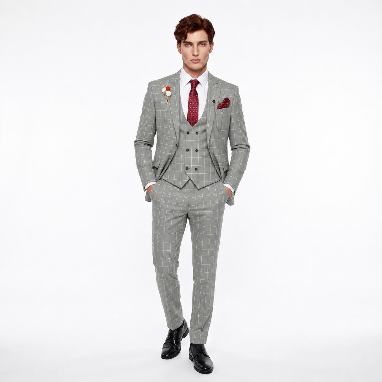 Ceehuteey Casual 3 Pieces Plaid Peak Lapel Men's Suits (Blazer+Vest+Pants)