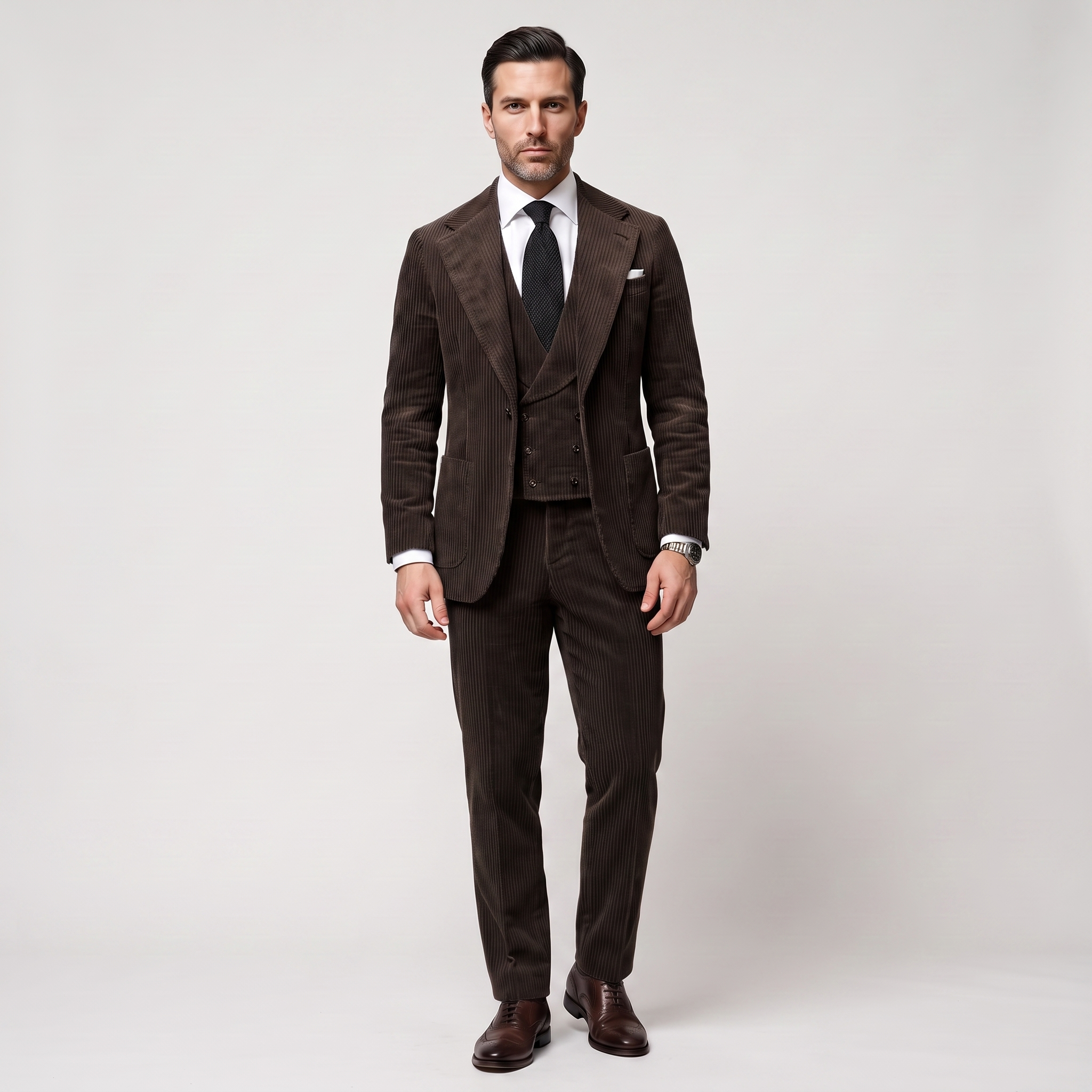 Ceehuteey Corduroy Men's Suit Solid 3 Pieces Notch Lapel Suit (Blazer+Vest+Pants)