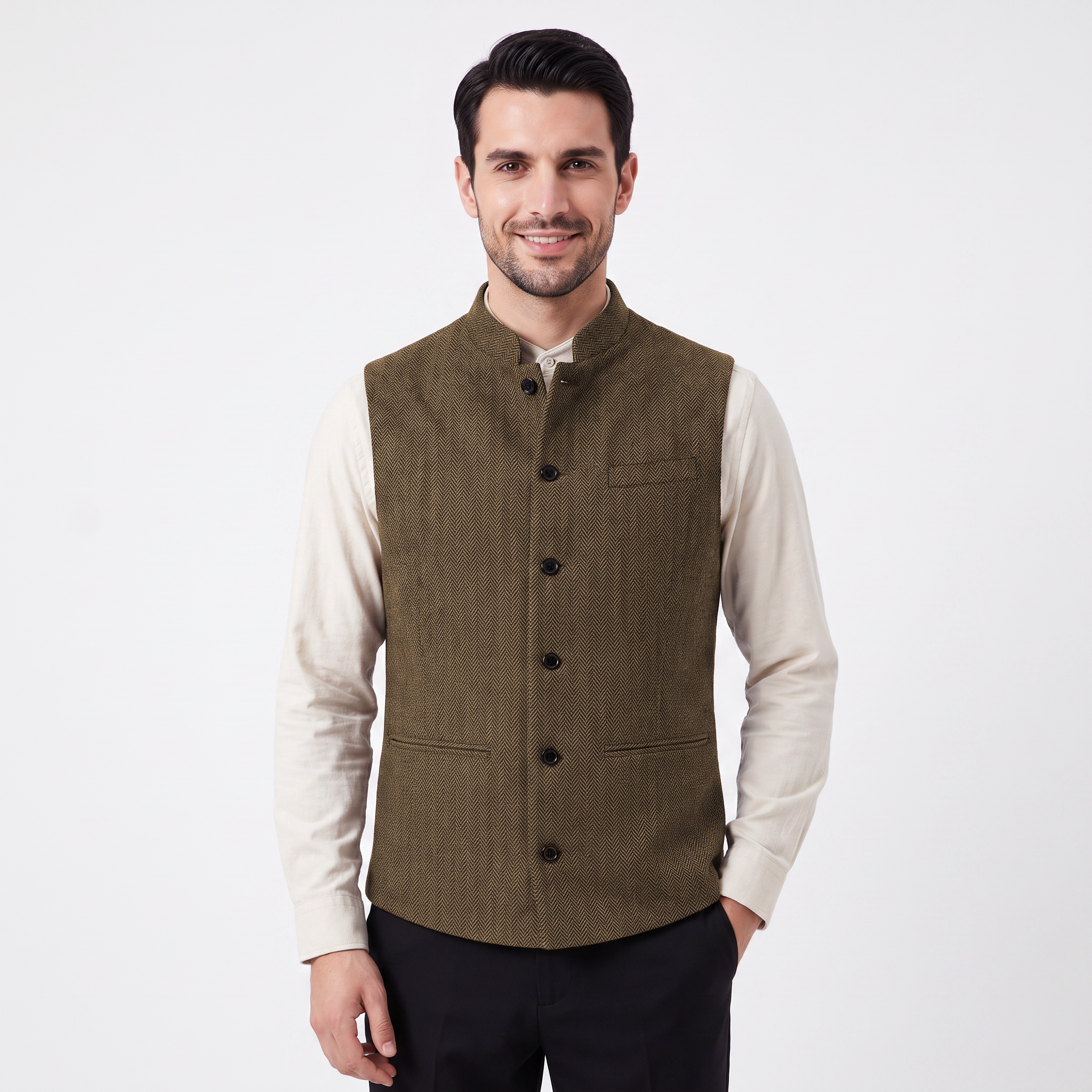 Ceehuteey Men's Herringbone Stand Collar Waistcoat