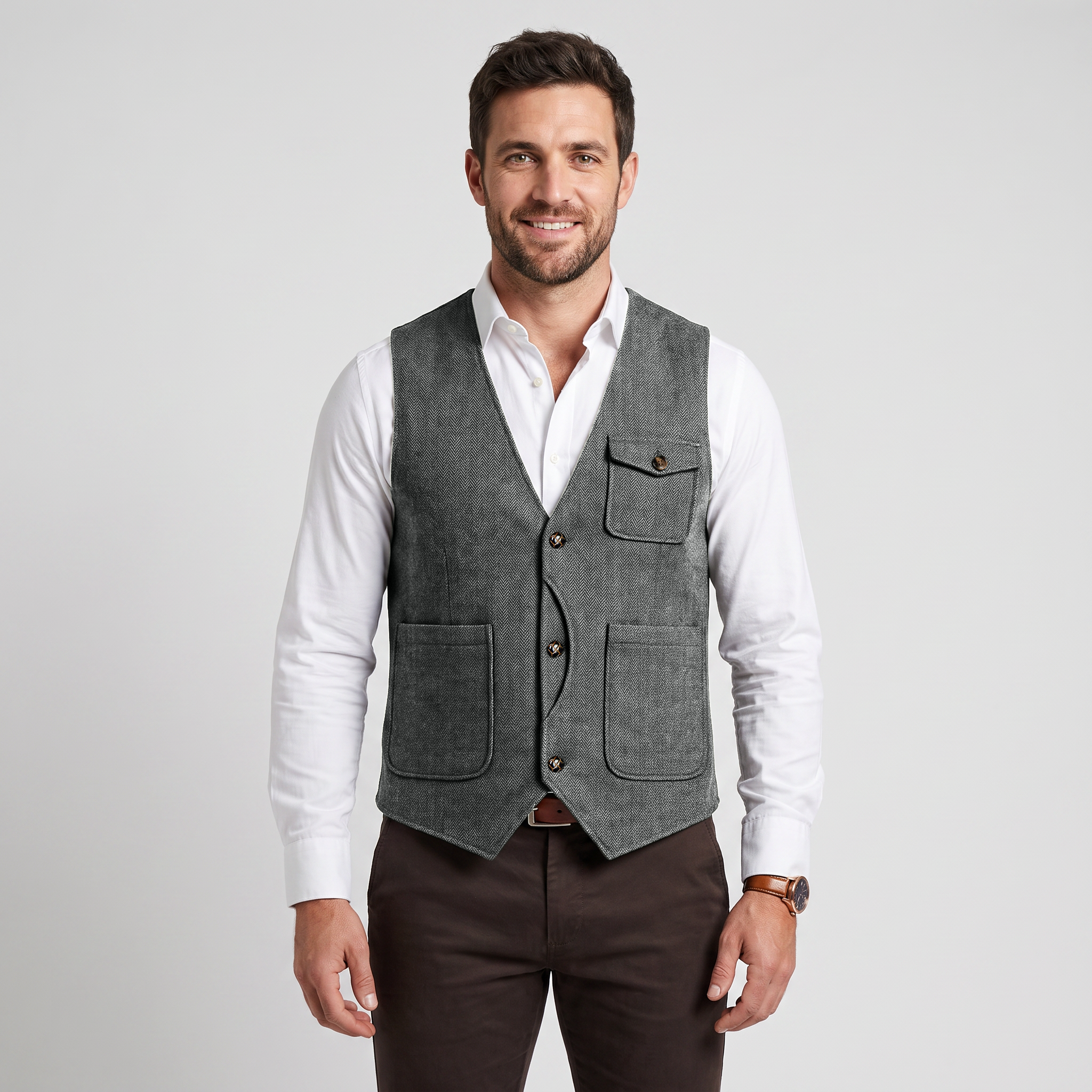 Ceehuteey Men‘s Causual V Neck Tweed Herringbone Waistcoat