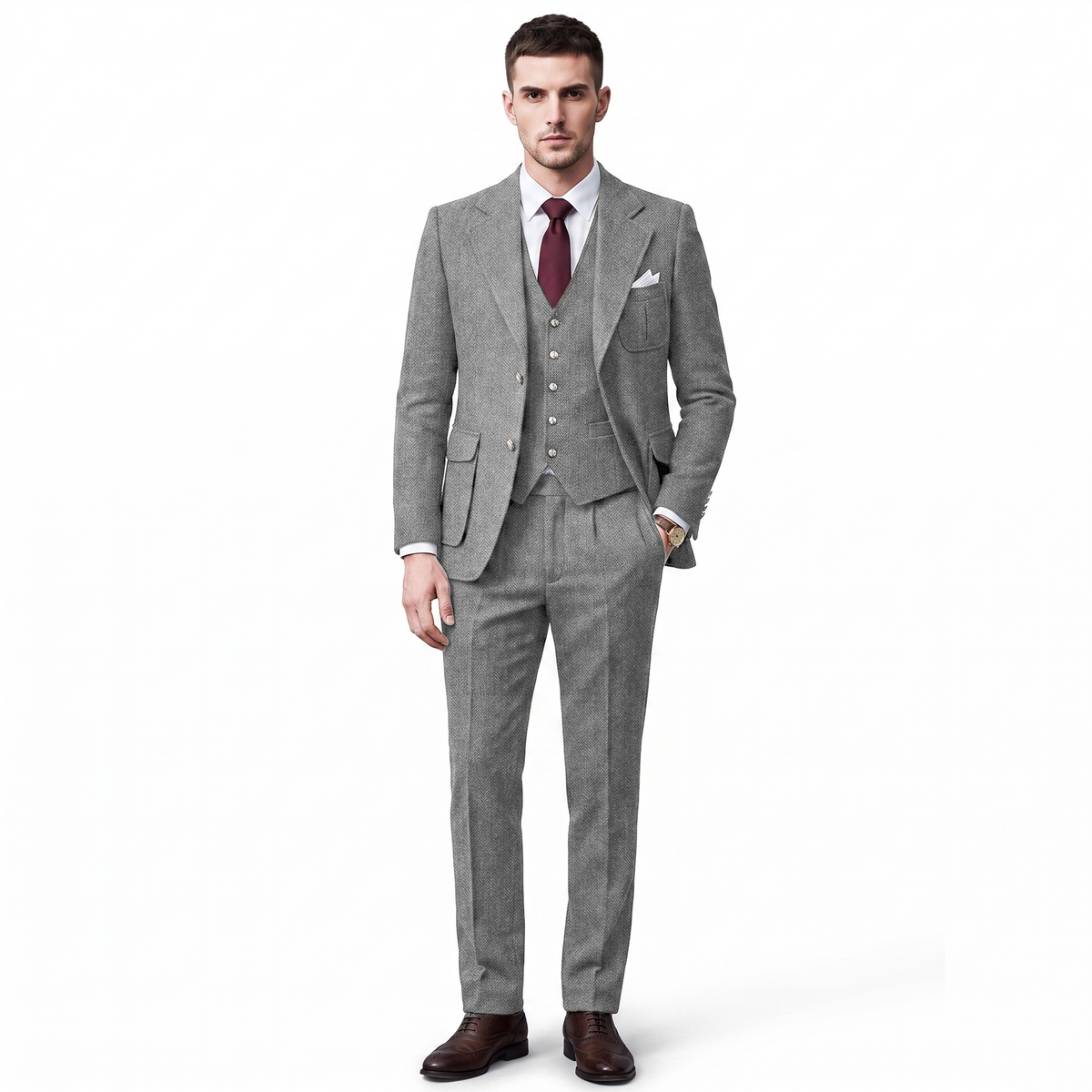 Ceehuteey Men's 3 Pieces Classic Herringbone Tweed Notch Lapel Suits (Blazer+Vest+Pants)