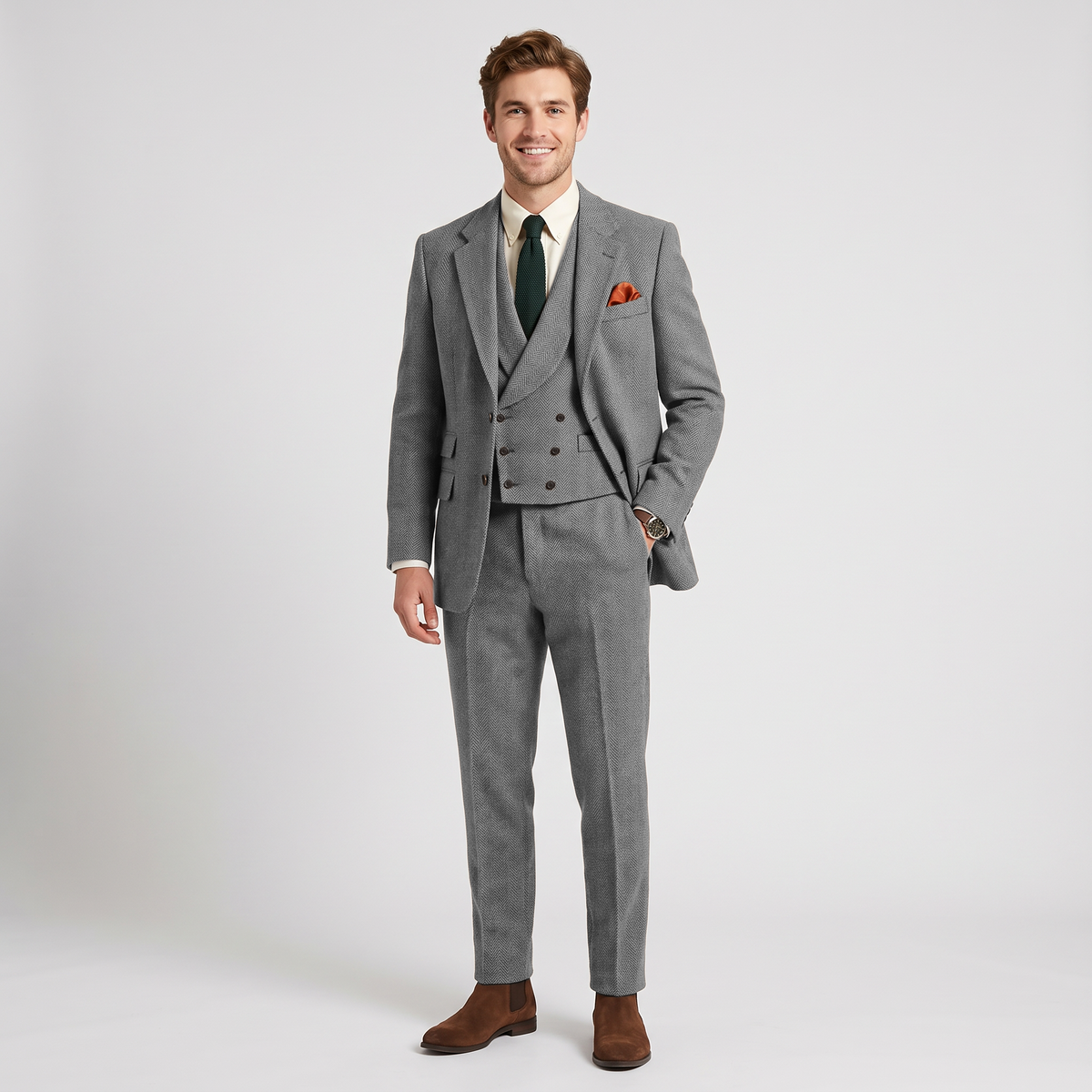 Ceehuteey 3 Pieces Men's Herringbone Notch Lapel Suit for Men (Blazer+Vest+Pants)