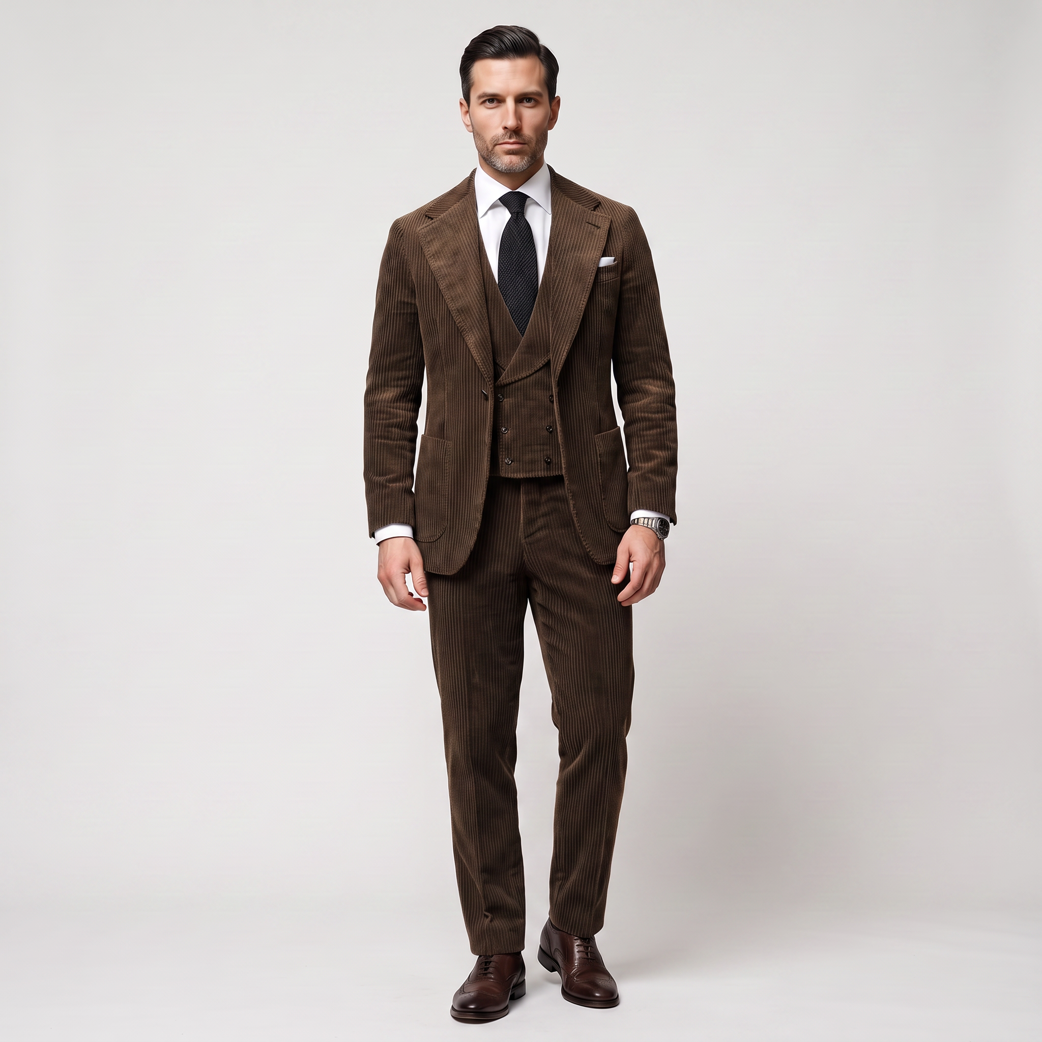 Ceehuteey Corduroy Men's Suit Solid 3 Pieces Notch Lapel Suit (Blazer+Vest+Pants)