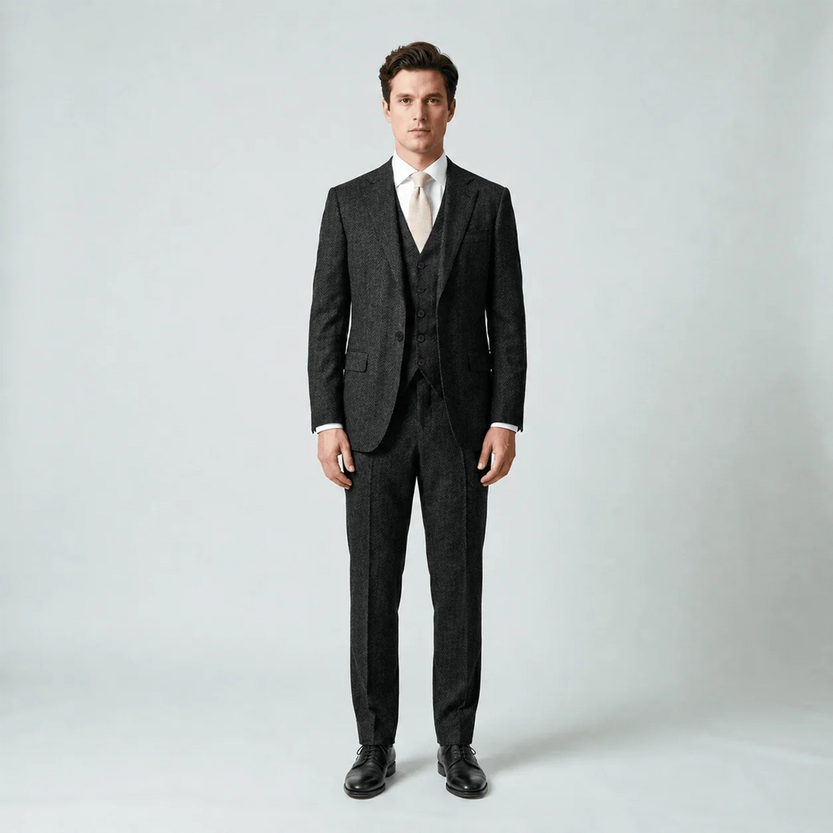 Ceehuteey Mens Tweed Herringbone Suits 3 Pieces Suits Groom Suits (Blazer+vest+Pants)