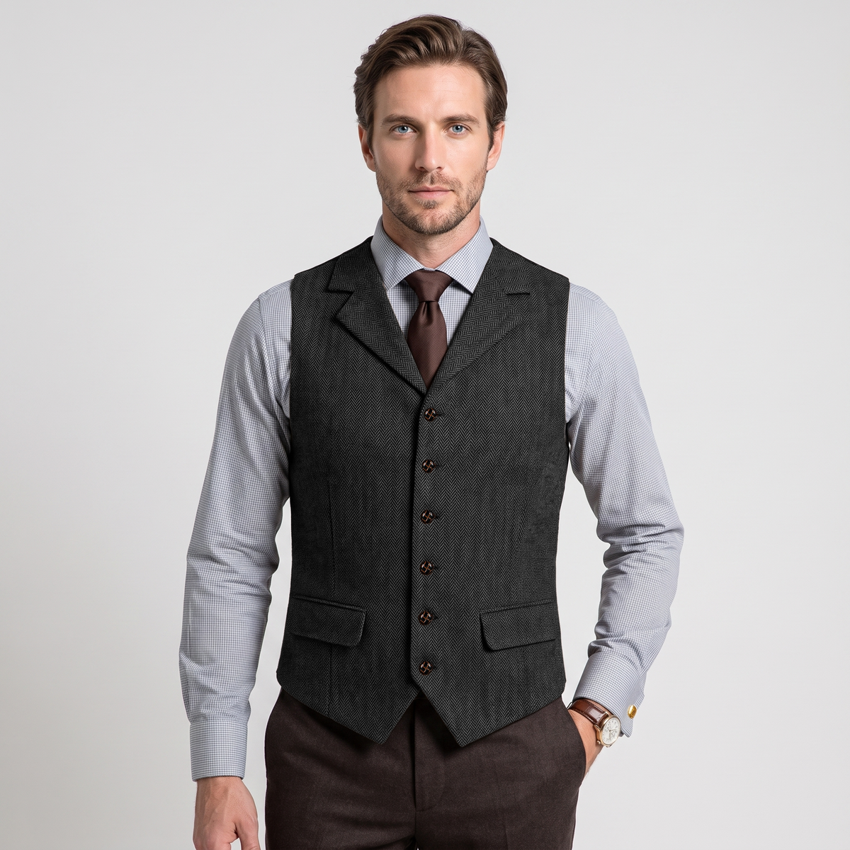 Ceehuteey Men's Classic vintage Vest Tweed Herringbone Notch Lapel Waistcoat