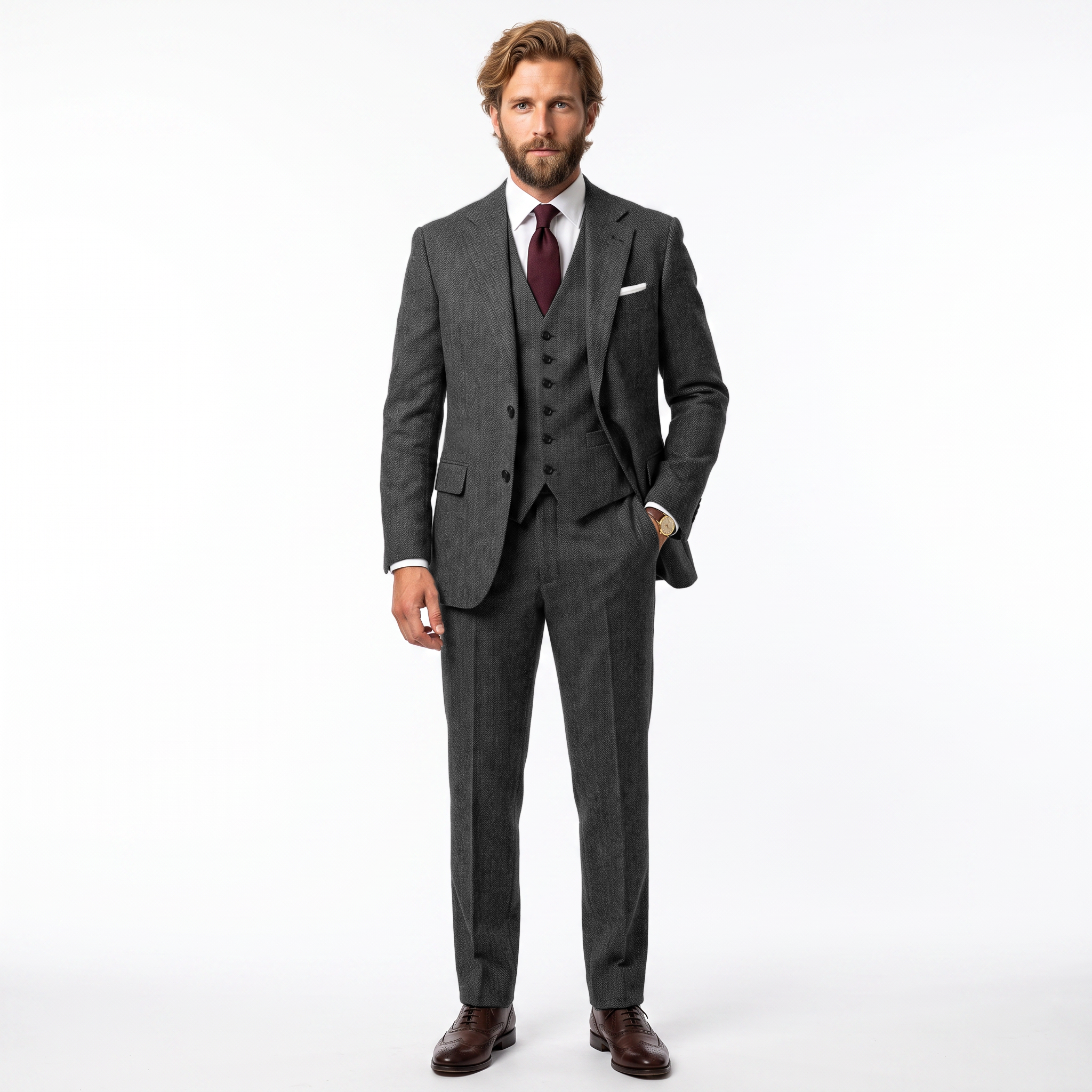 Ceehuteey Men's Herringbone 3 Pieces Notch Lapel Men's Suits (Blazer+Vest+Pants)