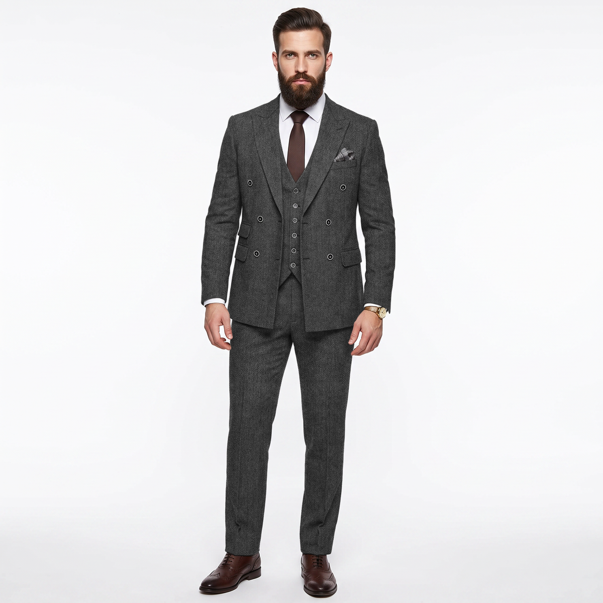 Ceehuteey Men's 3 Pieces Suit Classic Herringbone Tweed Peak Lapel Gent Suits (Blazer+Vest+Pants)