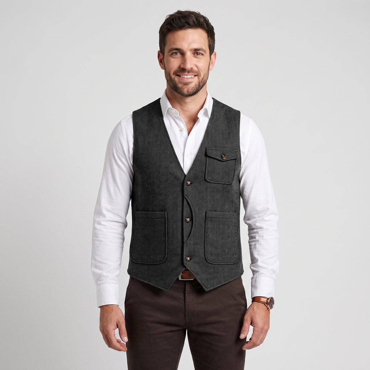 Ceehuteey Men‘s Causual V Neck Tweed Herringbone Waistcoat