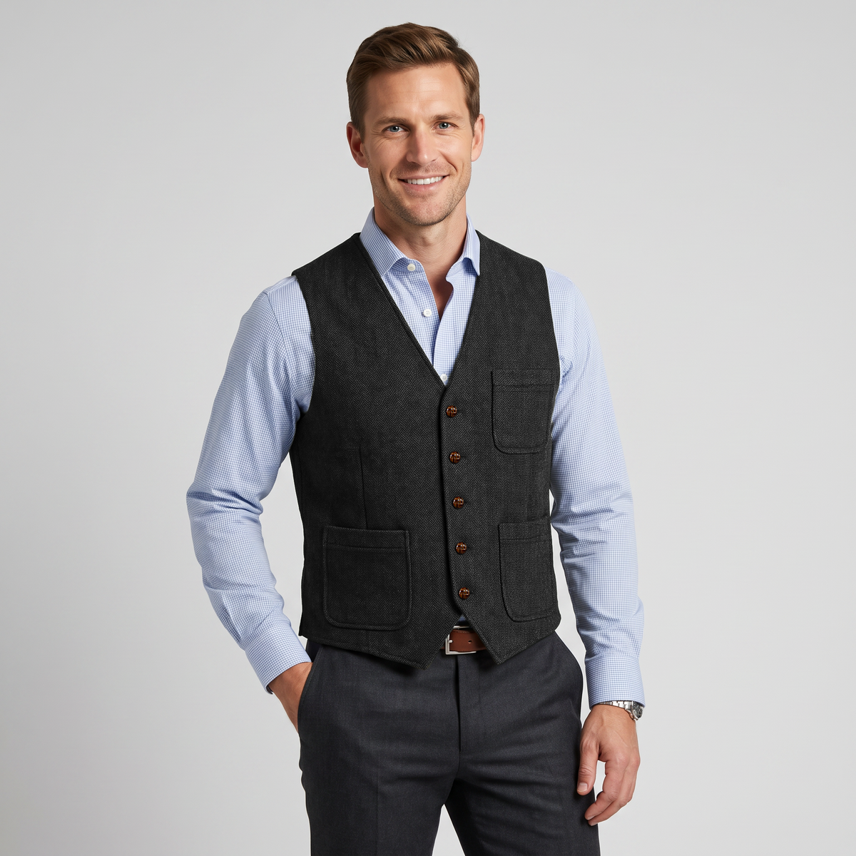 Ceehuteey Men's Tweed Herringbone V Neck Waistcoat