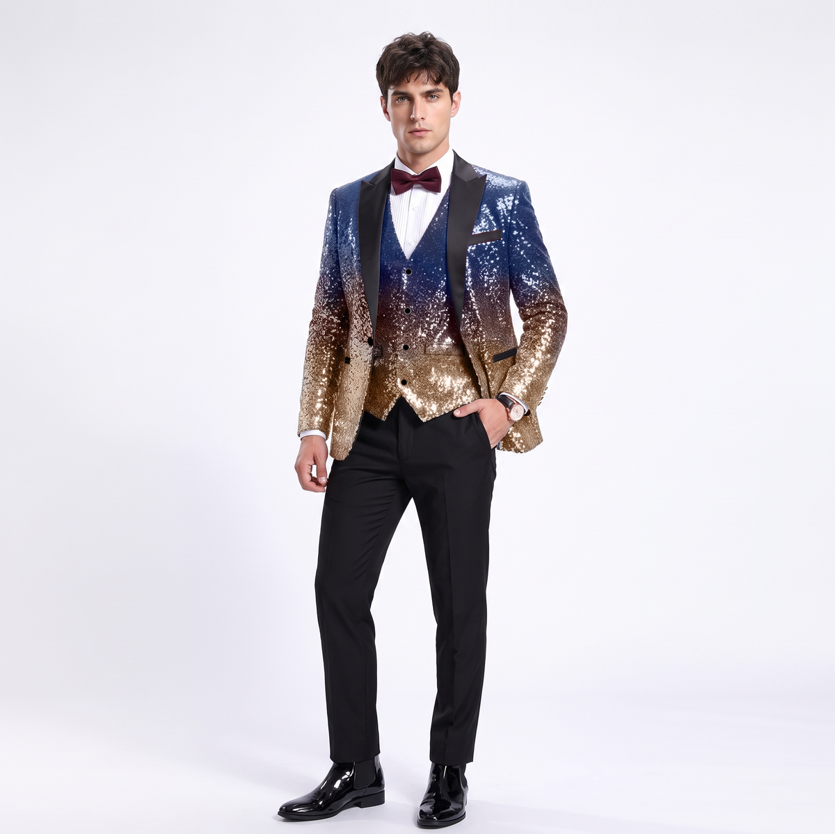Ceehuteey Men's Shiny Sequins 3 Piece Suit Blazer One Button Prom (Blazer + Vest + Pants)