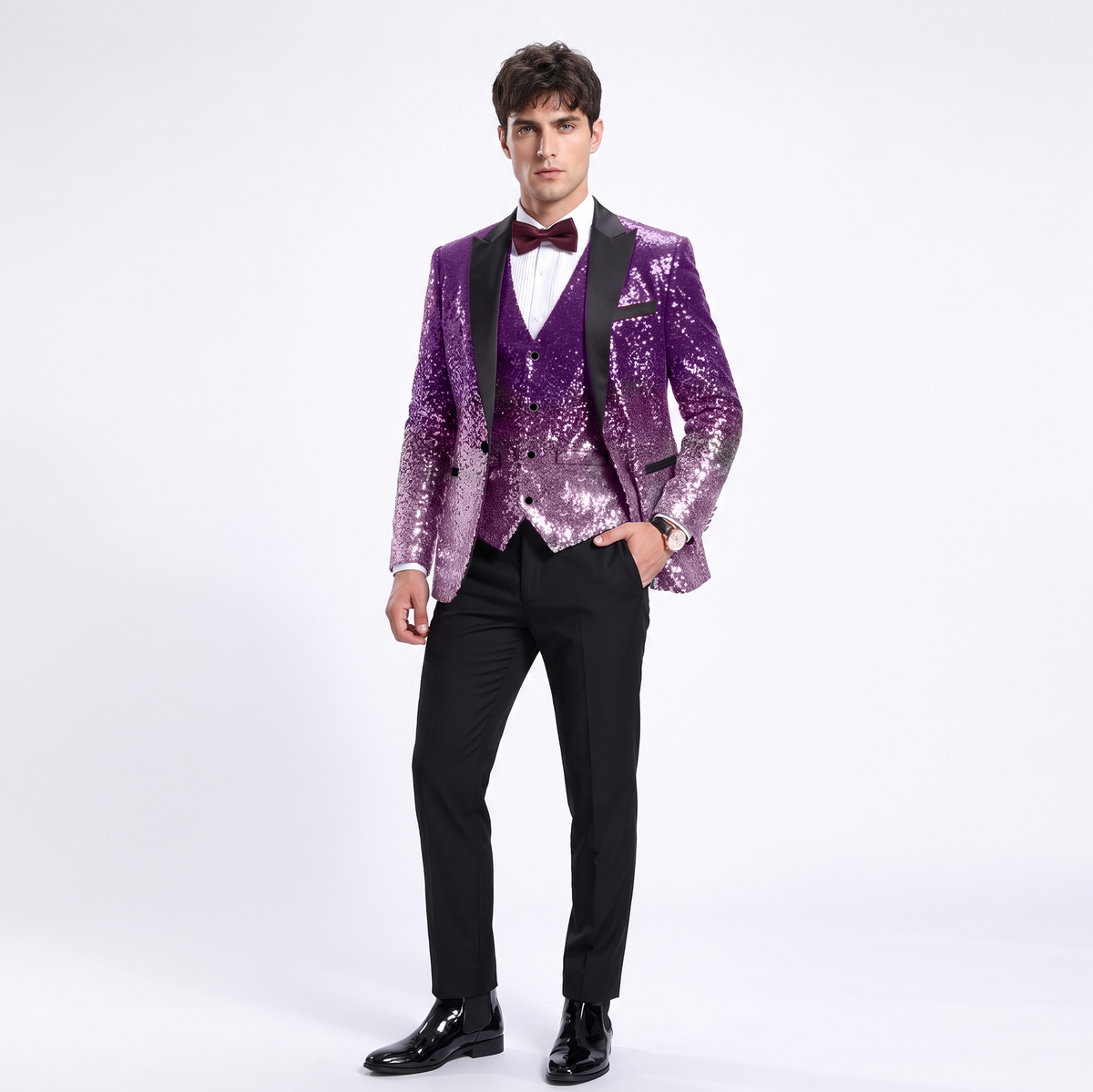 Ceehuteey Men's Shiny Sequins 3 Piece Suit Blazer One Button Prom (Blazer + Vest + Pants)