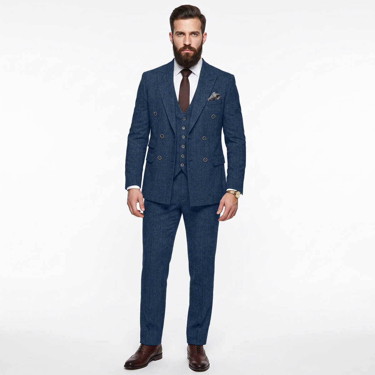 Ceehuteey Men's 3 Pieces Suit Classic Herringbone Tweed Peak Lapel Gent Suits (Blazer+Vest+Pants)
