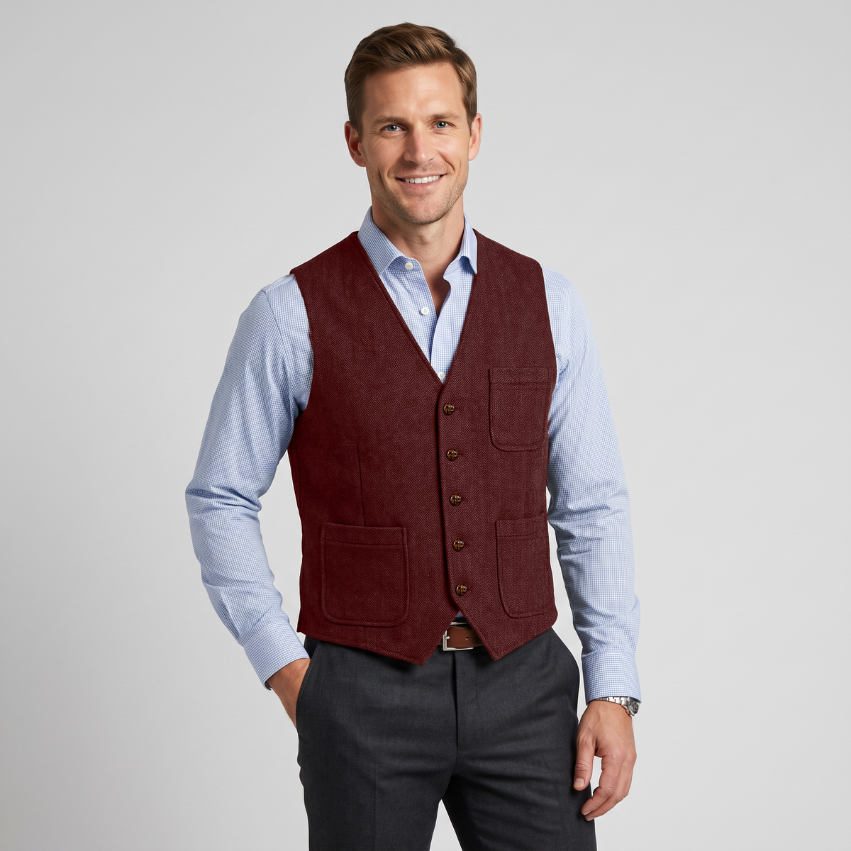 Ceehuteey Men's Tweed Herringbone V Neck Waistcoat