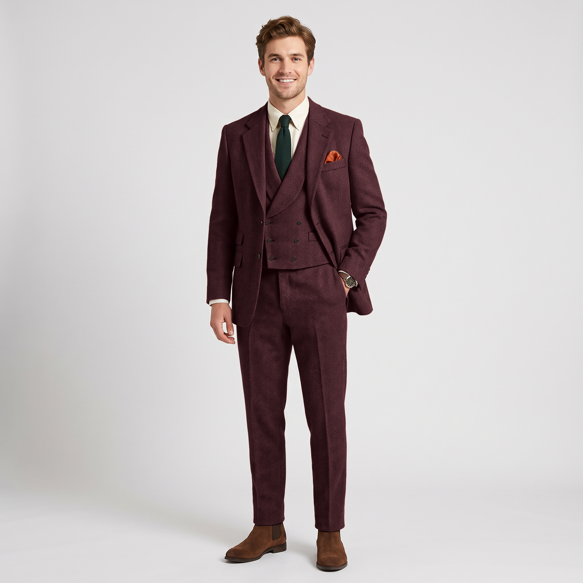 Ceehuteey 3 Pieces Men's Herringbone Notch Lapel Suit for Men (Blazer+Vest+Pants)