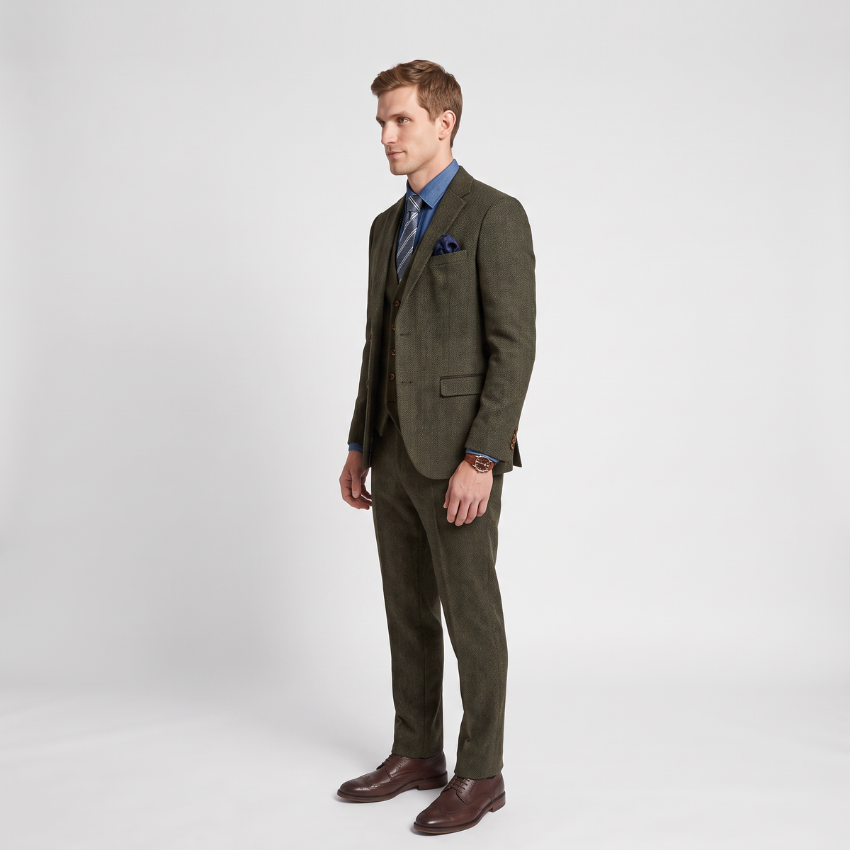 Ceehuteey Men's 3 Pieces Tweed Herringbone Notch Lapel Men's Suit (Blazer+Vest+Pants)