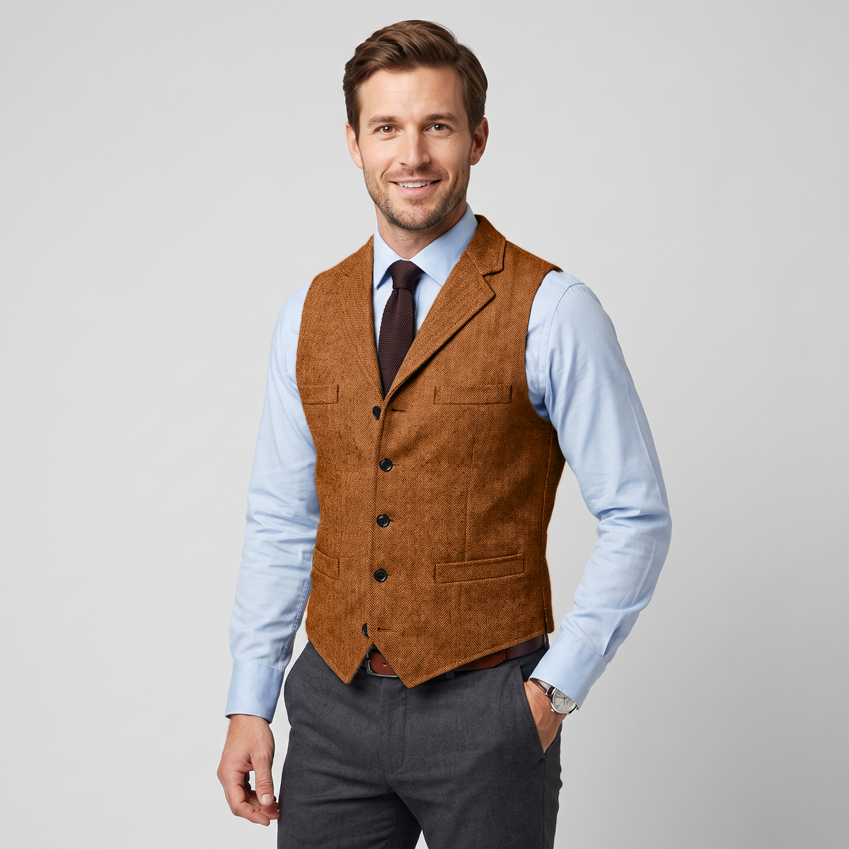Ceehuteey Men's Classic Herringbone Notch Lapel Waistcoat