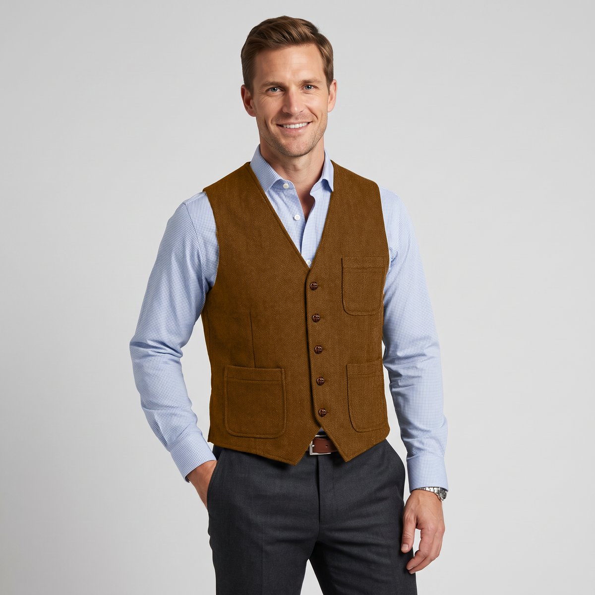 Ceehuteey Men's Tweed Herringbone V Neck Waistcoat