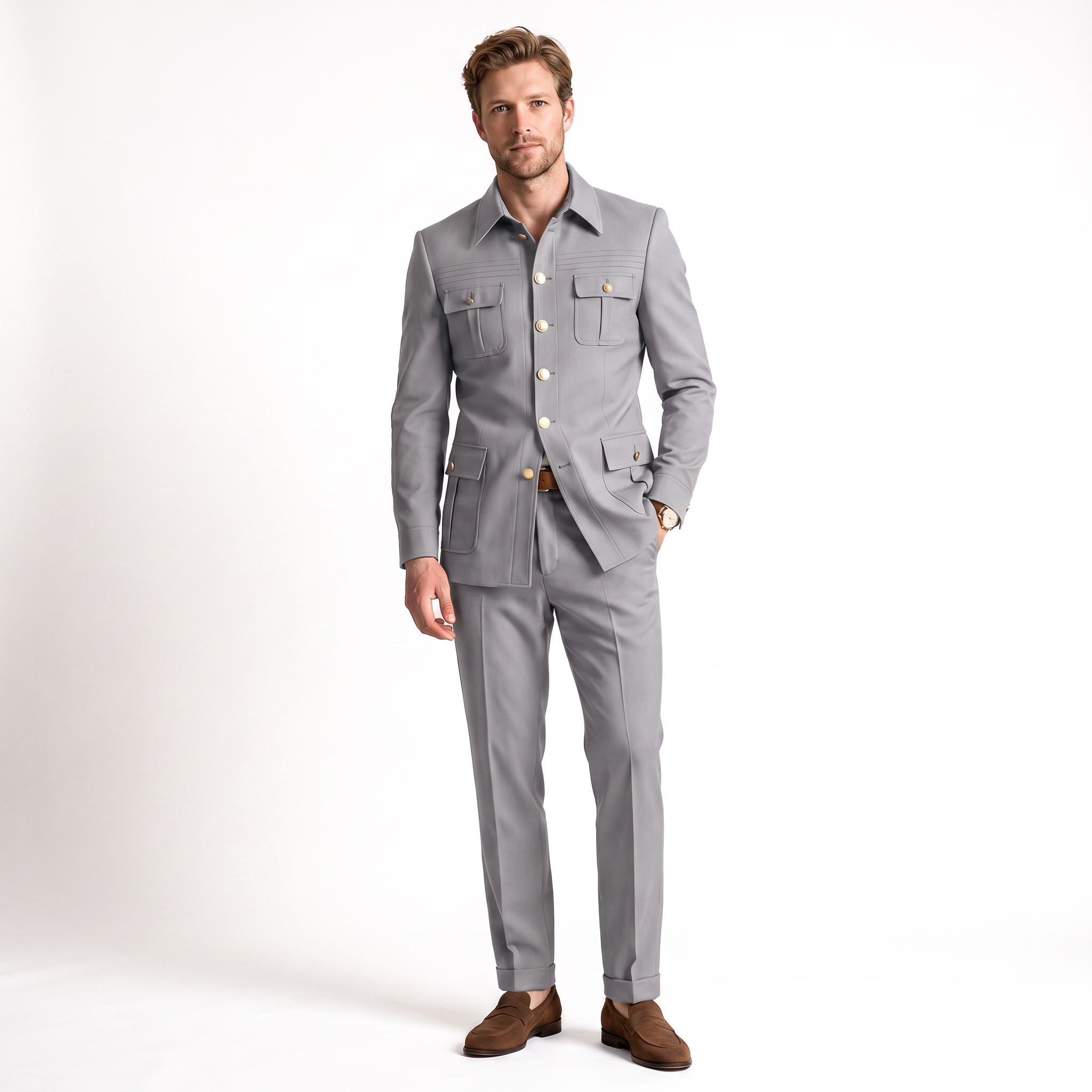 Ceehuteey Stylish Men's 2 Pieces Stand Collar Flat Men's Suits (Blazer+Pants)